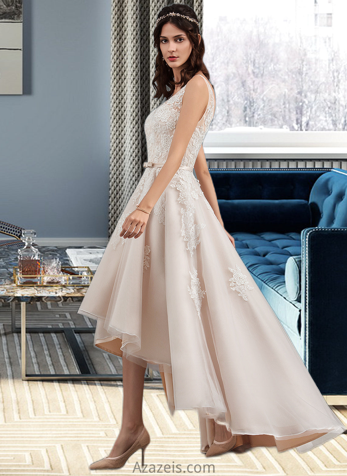 Lana A-Line V-neck Asymmetrical Tulle Lace Wedding Dress With Bow(s) DFP0013717