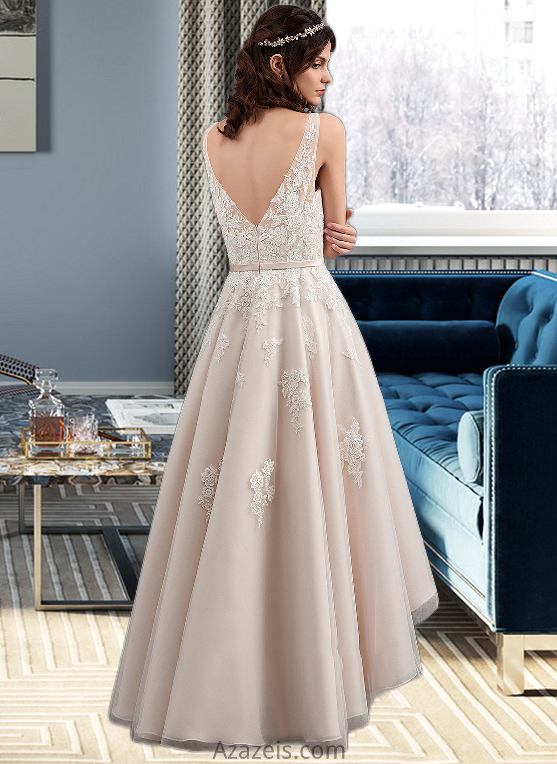 Lana A-Line V-neck Asymmetrical Tulle Lace Wedding Dress With Bow(s) DFP0013717