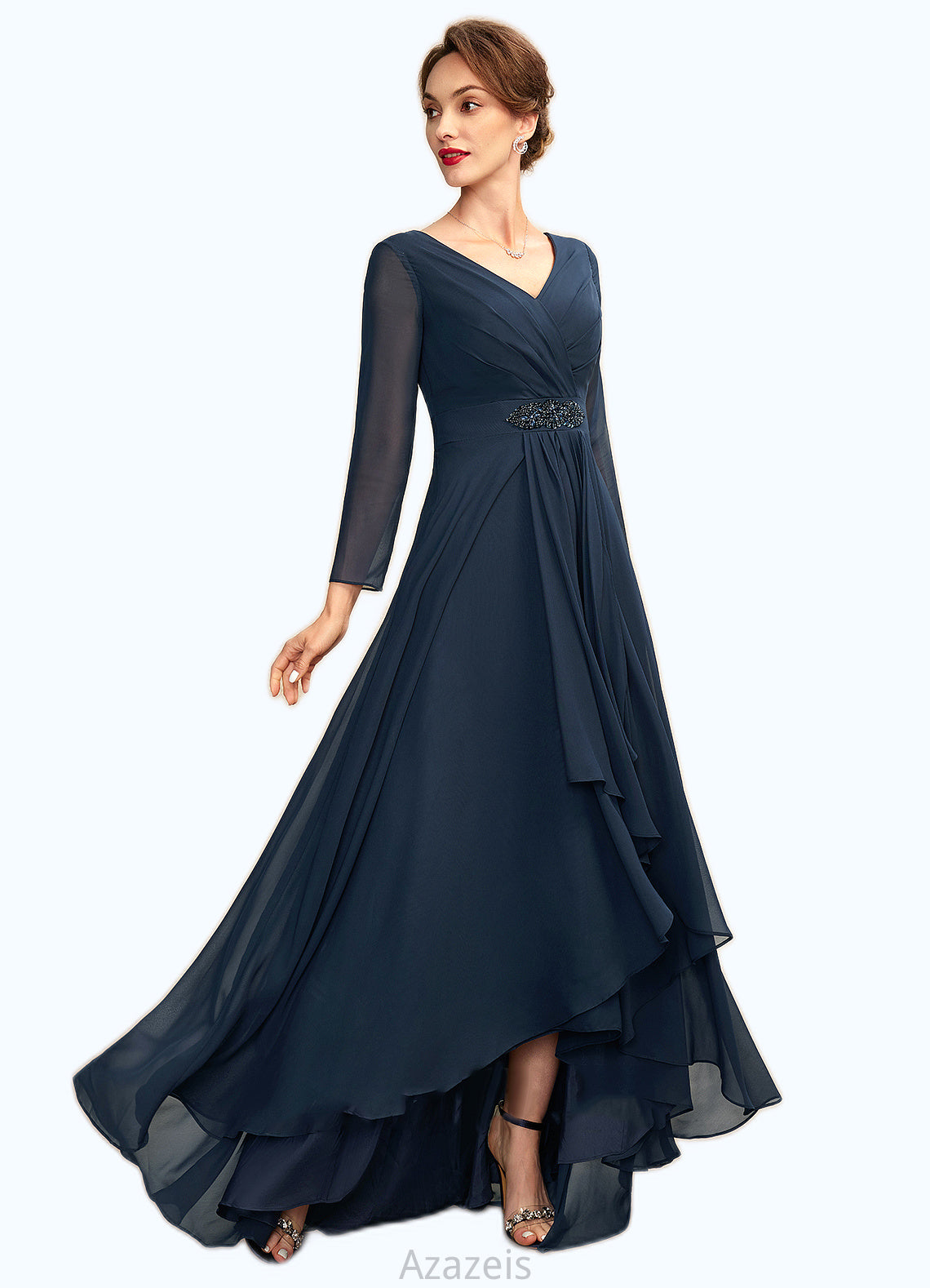 Ava A-Line V-neck Asymmetrical Chiffon Mother of the Bride Dress With Ruffle Beading Bow(s) DF126P0015021