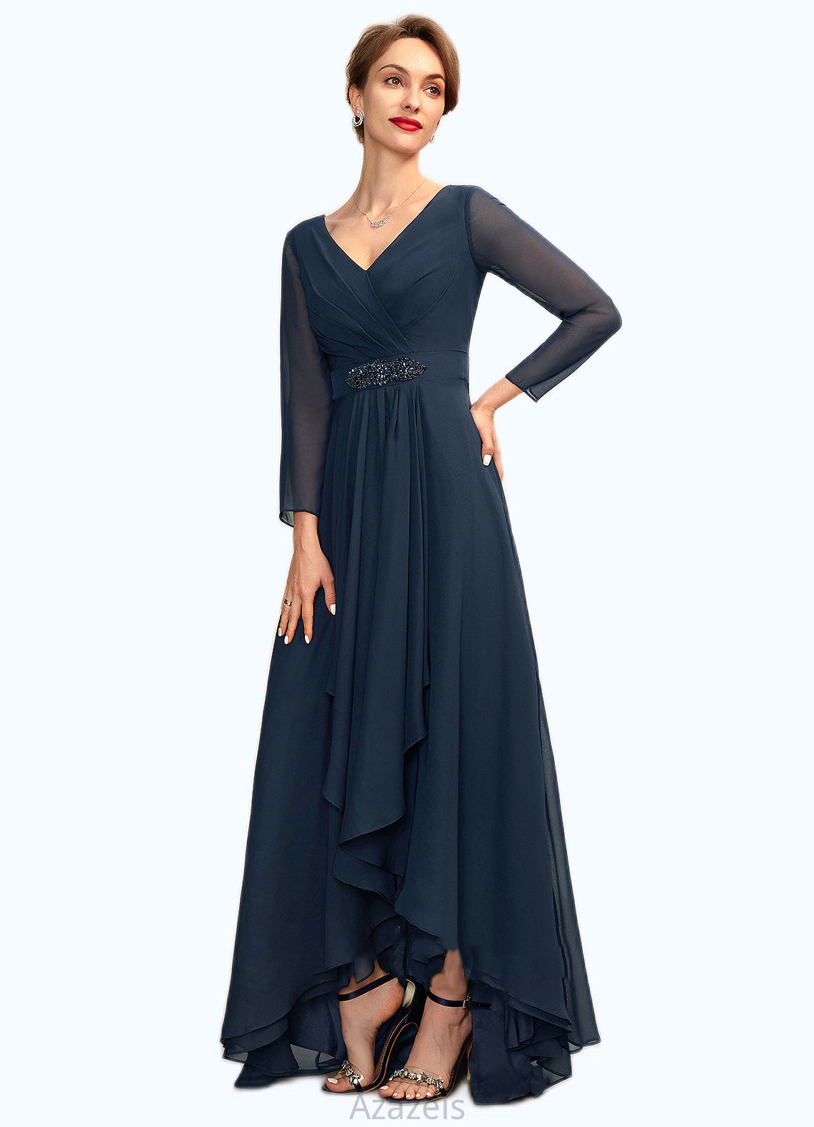 Ava A-Line V-neck Asymmetrical Chiffon Mother of the Bride Dress With Ruffle Beading Bow(s) DF126P0015021