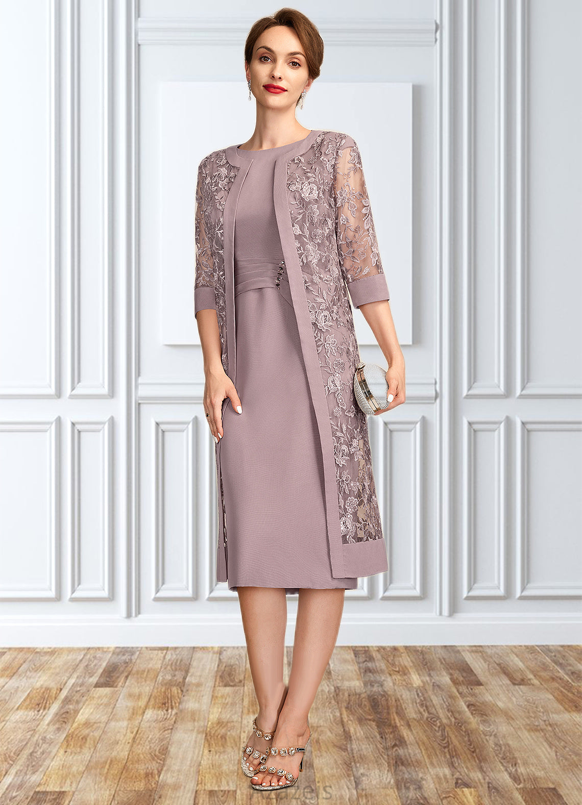 Taniya Sheath/Column Scoop Neck Knee-Length Chiffon Mother of the Bride Dress With Ruffle Sequins DF126P0015023