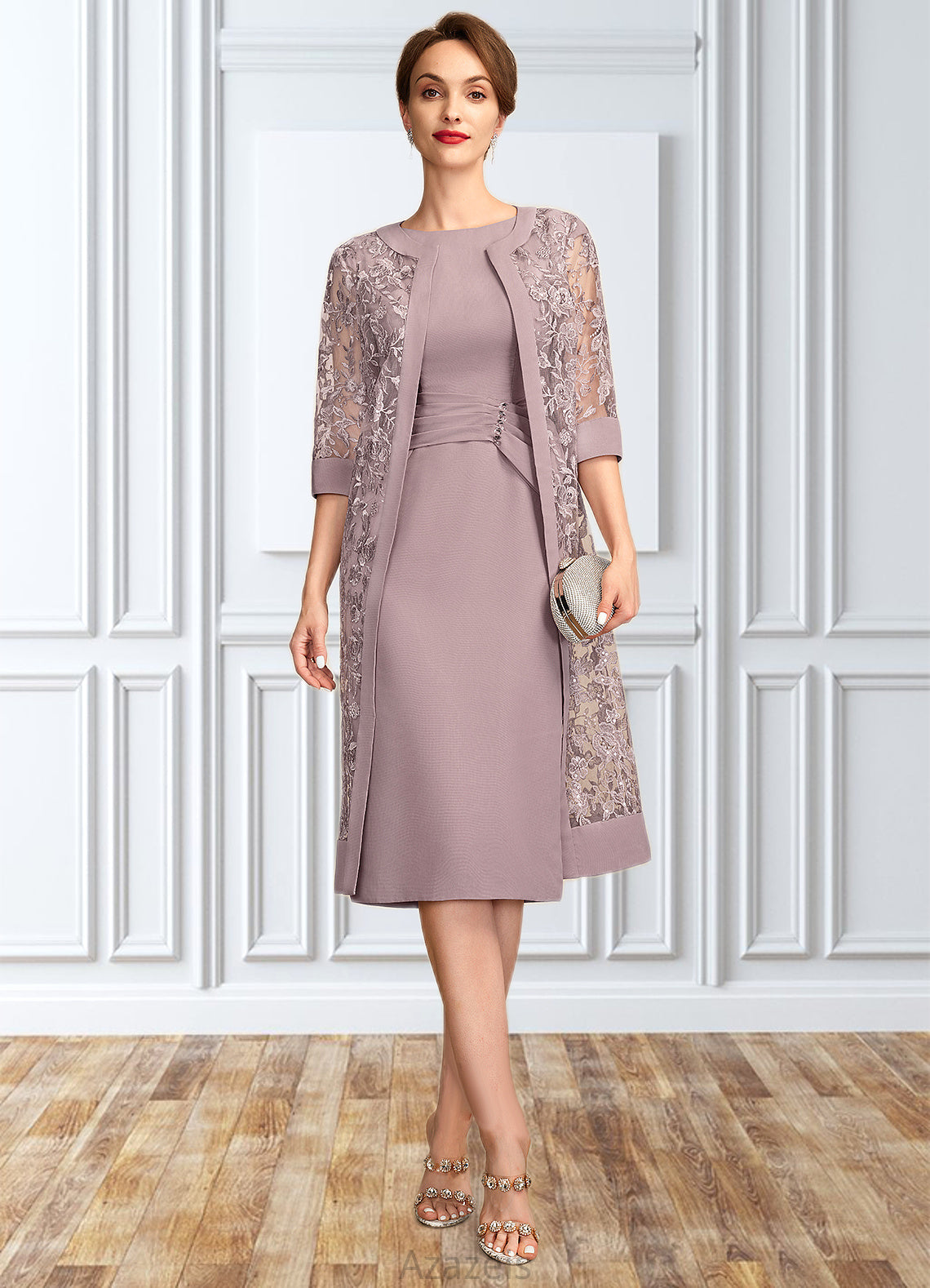 Taniya Sheath/Column Scoop Neck Knee-Length Chiffon Mother of the Bride Dress With Ruffle Sequins DF126P0015023