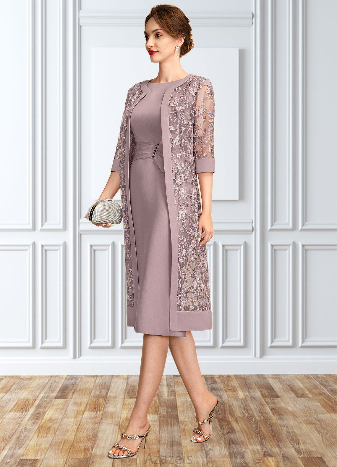 Taniya Sheath/Column Scoop Neck Knee-Length Chiffon Mother of the Bride Dress With Ruffle Sequins DF126P0015023