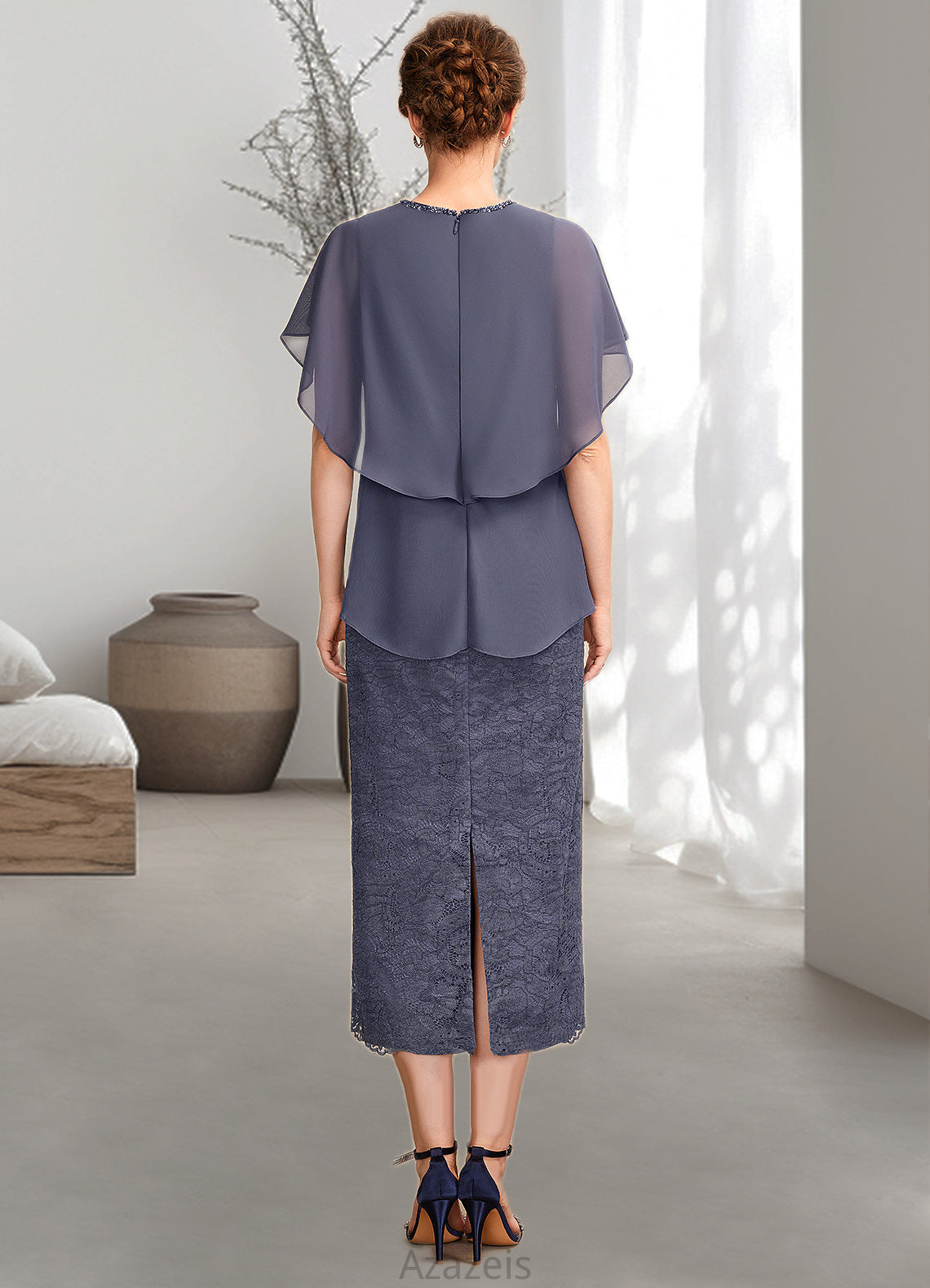 Ryann Sheath/Column Scoop Neck Tea-Length Chiffon Lace Mother of the Bride Dress With Beading Cascading Ruffles DF126P0015025