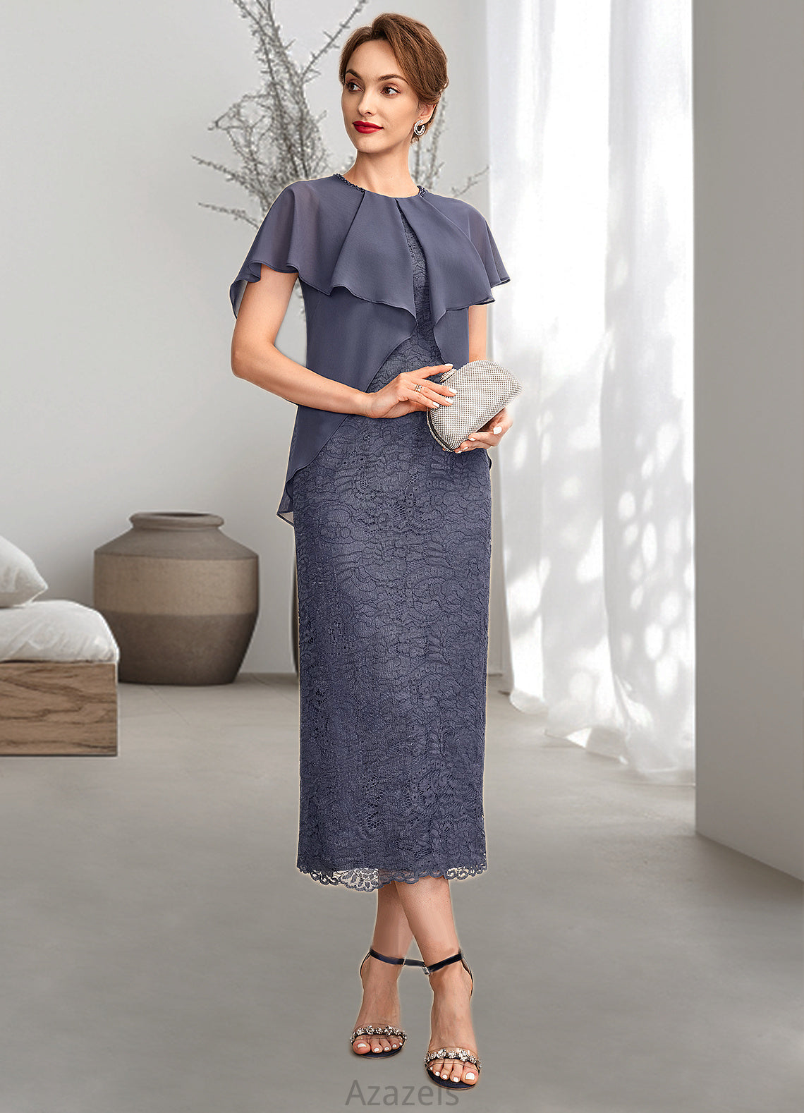 Ryann Sheath/Column Scoop Neck Tea-Length Chiffon Lace Mother of the Bride Dress With Beading Cascading Ruffles DF126P0015025