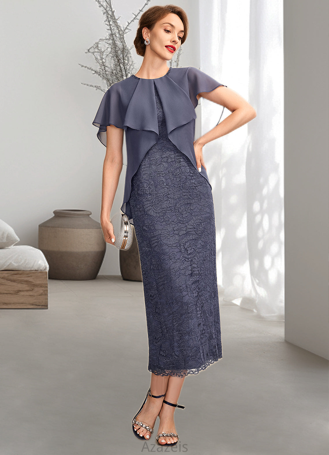Ryann Sheath/Column Scoop Neck Tea-Length Chiffon Lace Mother of the Bride Dress With Beading Cascading Ruffles DF126P0015025