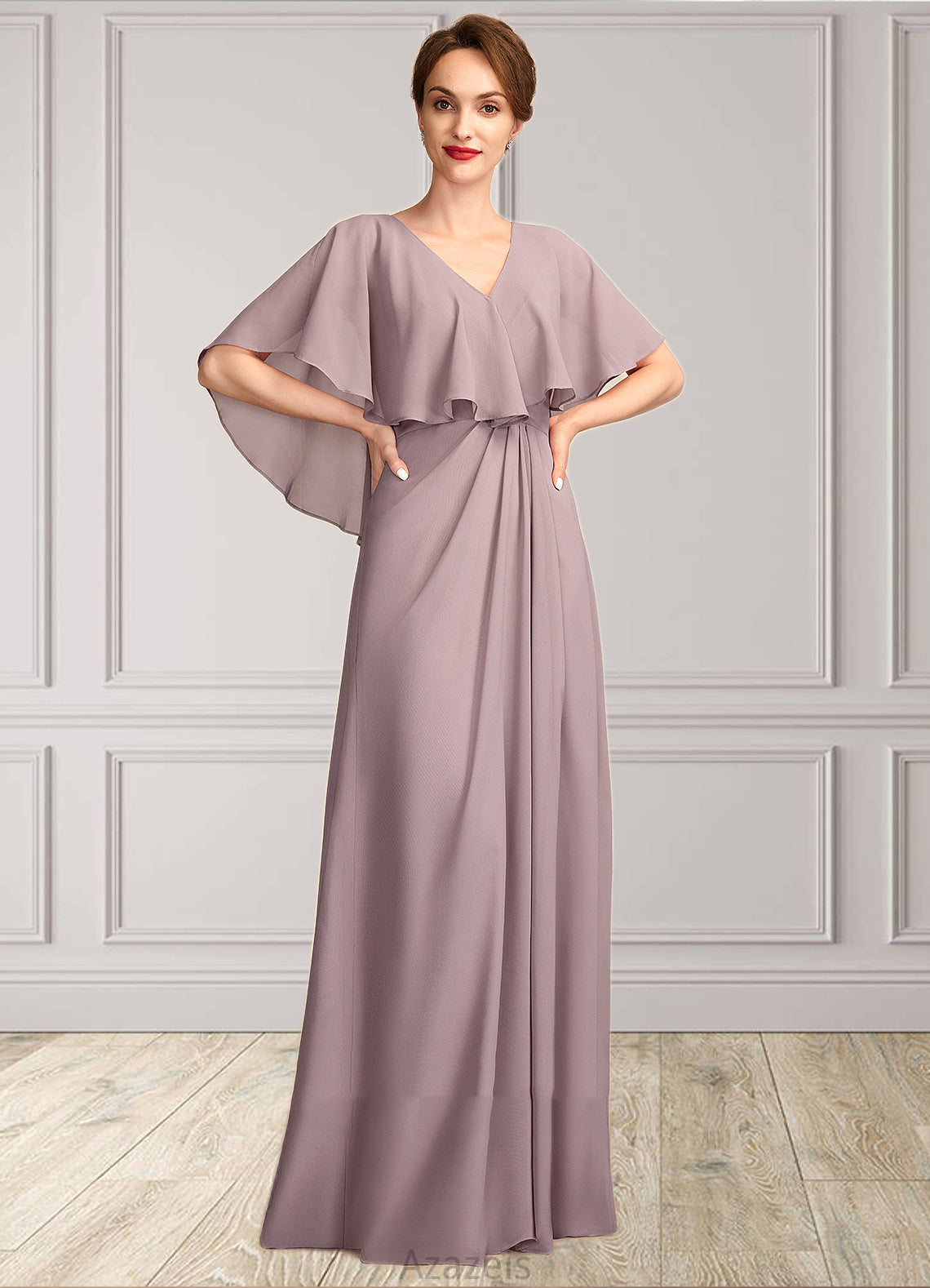 Melody A-Line V-neck Floor-Length Chiffon Mother of the Bride Dress With Ruffle DF126P0015026