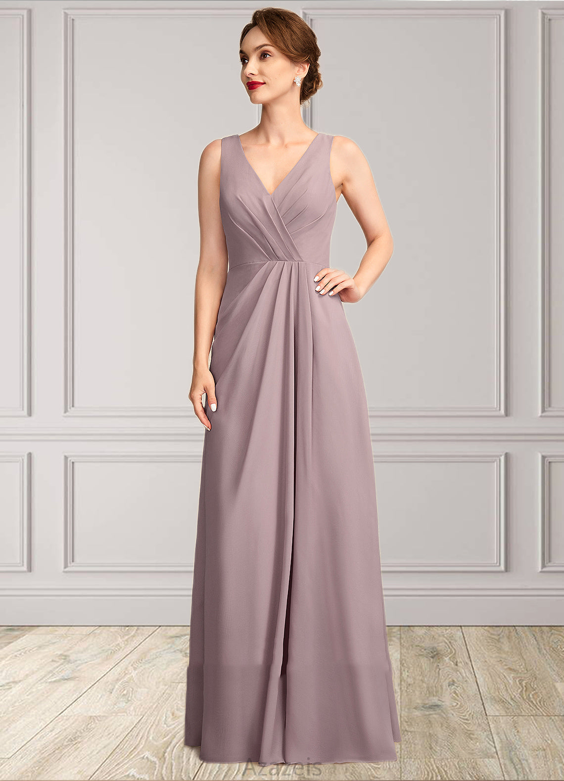 Melody A-Line V-neck Floor-Length Chiffon Mother of the Bride Dress With Ruffle DF126P0015026