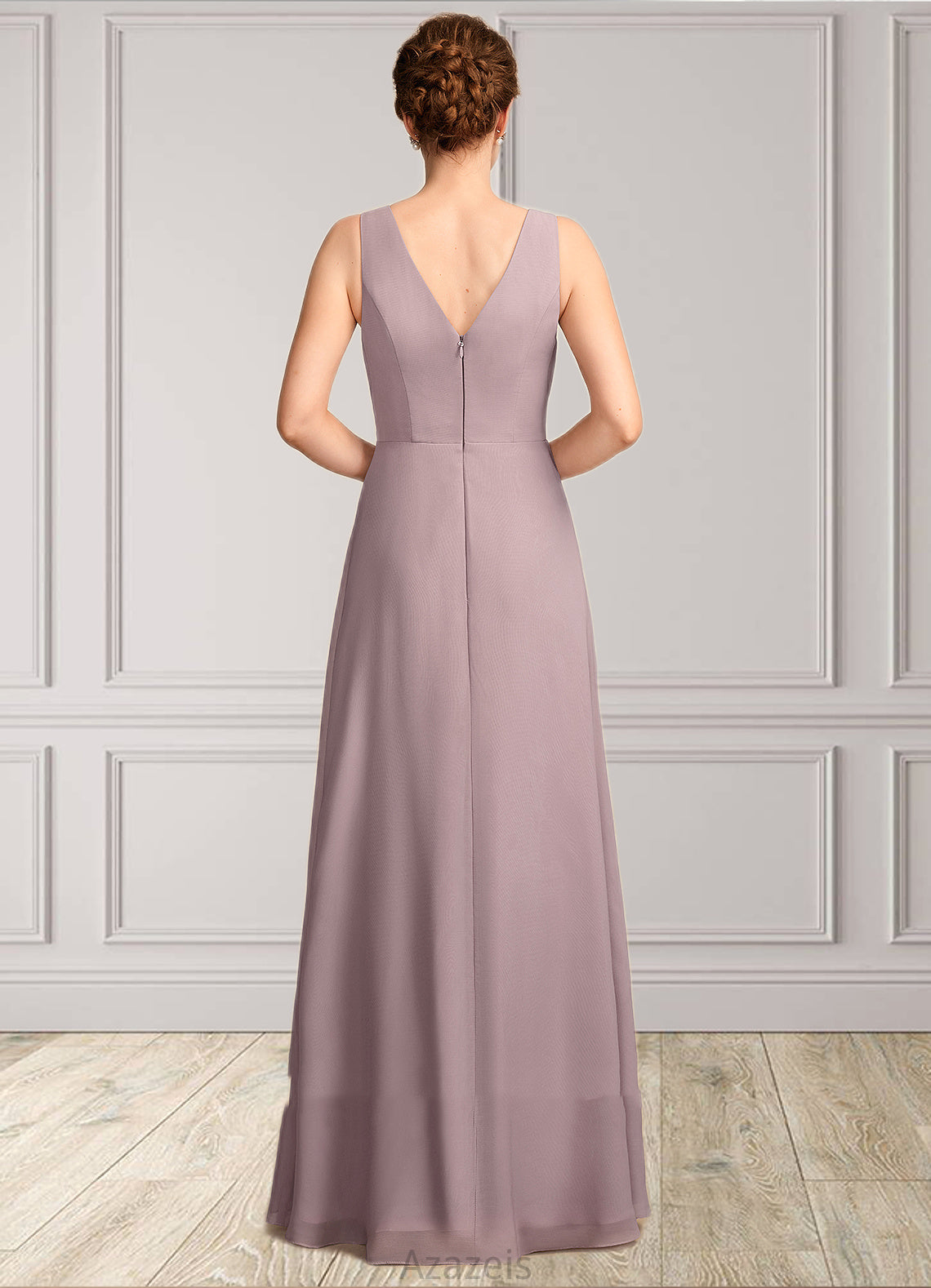 Melody A-Line V-neck Floor-Length Chiffon Mother of the Bride Dress With Ruffle DF126P0015026