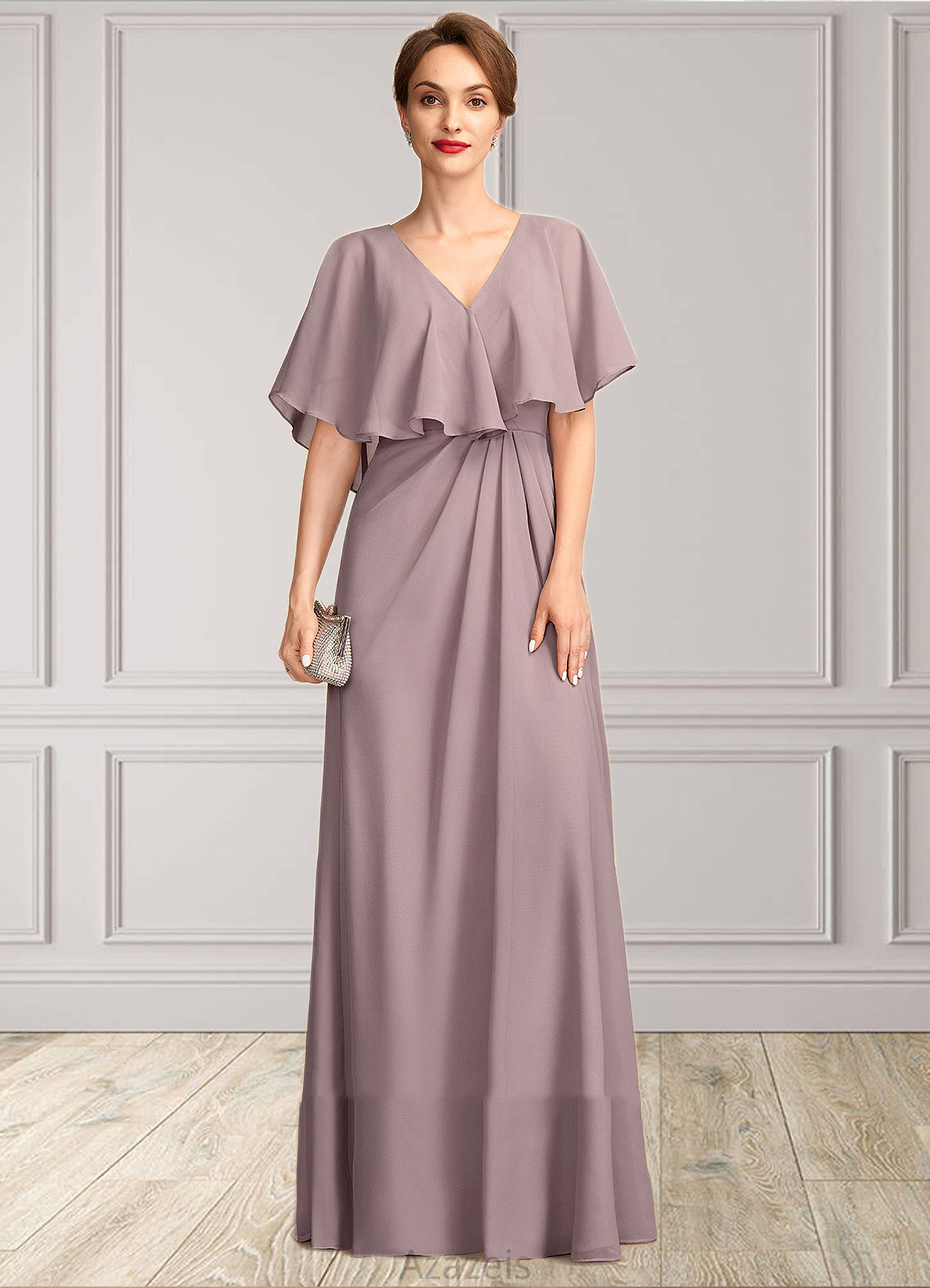 Melody A-Line V-neck Floor-Length Chiffon Mother of the Bride Dress With Ruffle DF126P0015026