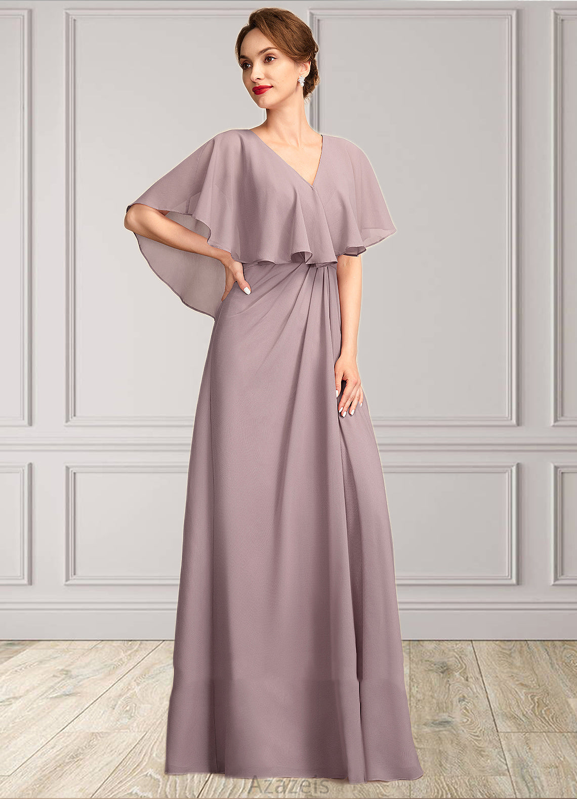 Melody A-Line V-neck Floor-Length Chiffon Mother of the Bride Dress With Ruffle DF126P0015026