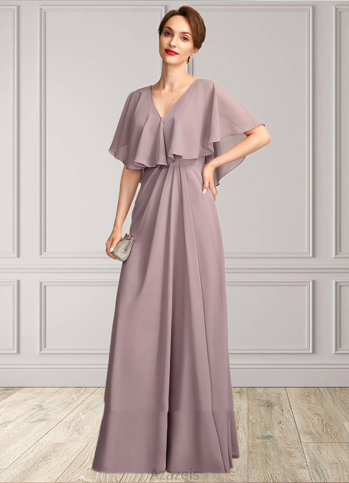 Melody A-Line V-neck Floor-Length Chiffon Mother of the Bride Dress With Ruffle DF126P0015026