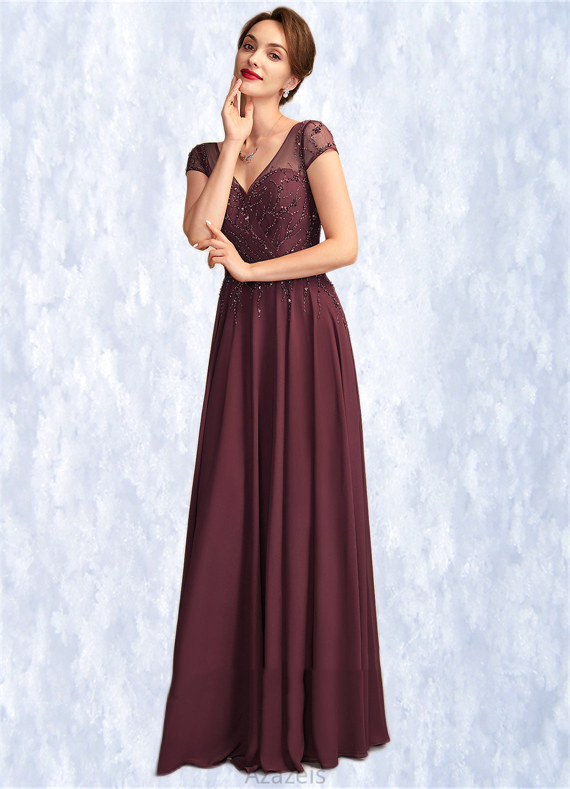 Kinsley A-Line V-neck Floor-Length Chiffon Mother of the Bride Dress With Beading Sequins DF126P0015028