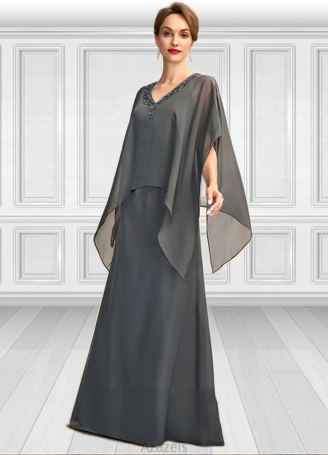 Miranda A-line V-Neck Floor-Length Chiffon Mother of the Bride Dress With Beading Sequins DF126P0015031