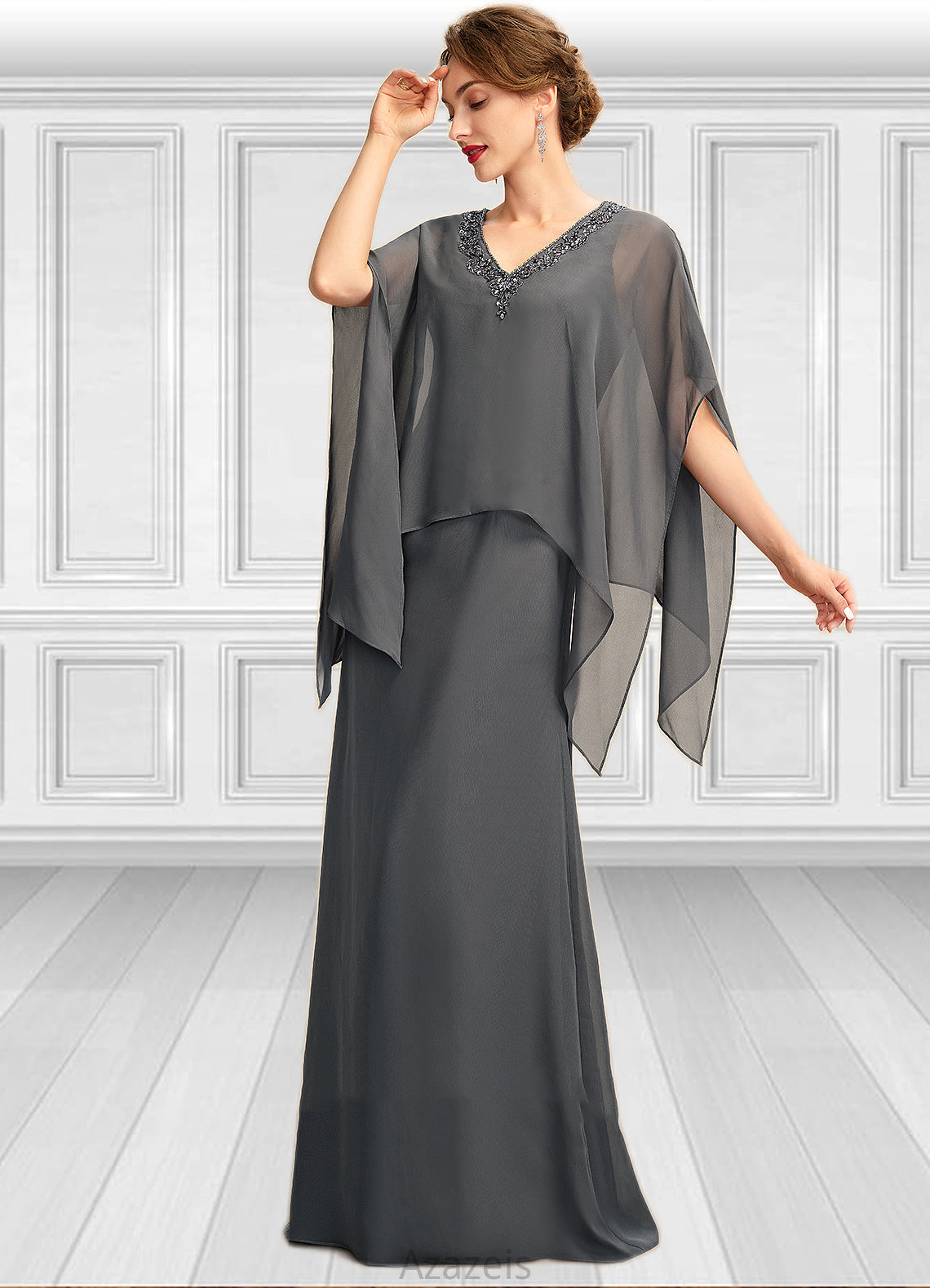 Miranda A-line V-Neck Floor-Length Chiffon Mother of the Bride Dress With Beading Sequins DF126P0015031