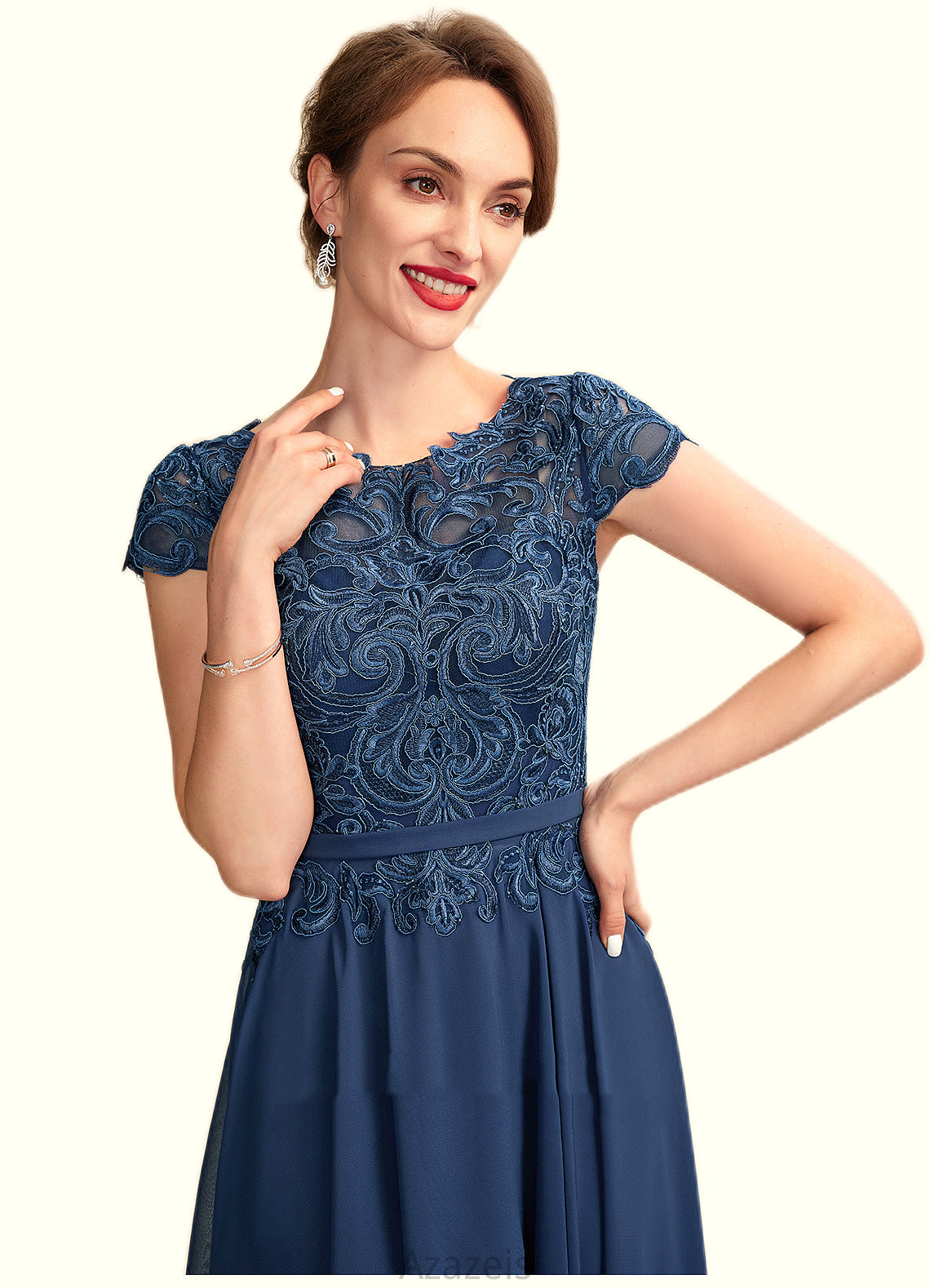 Willa A-Line Scoop Neck Tea-Length Chiffon Lace Mother of the Bride Dress DF126P0015032