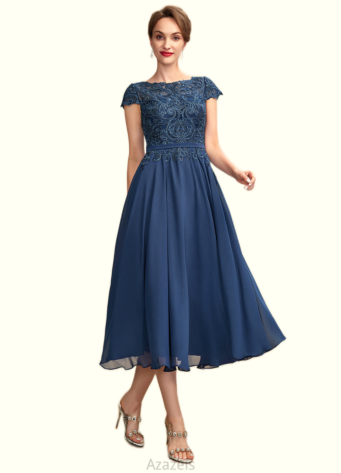 Willa A-Line Scoop Neck Tea-Length Chiffon Lace Mother of the Bride Dress DF126P0015032