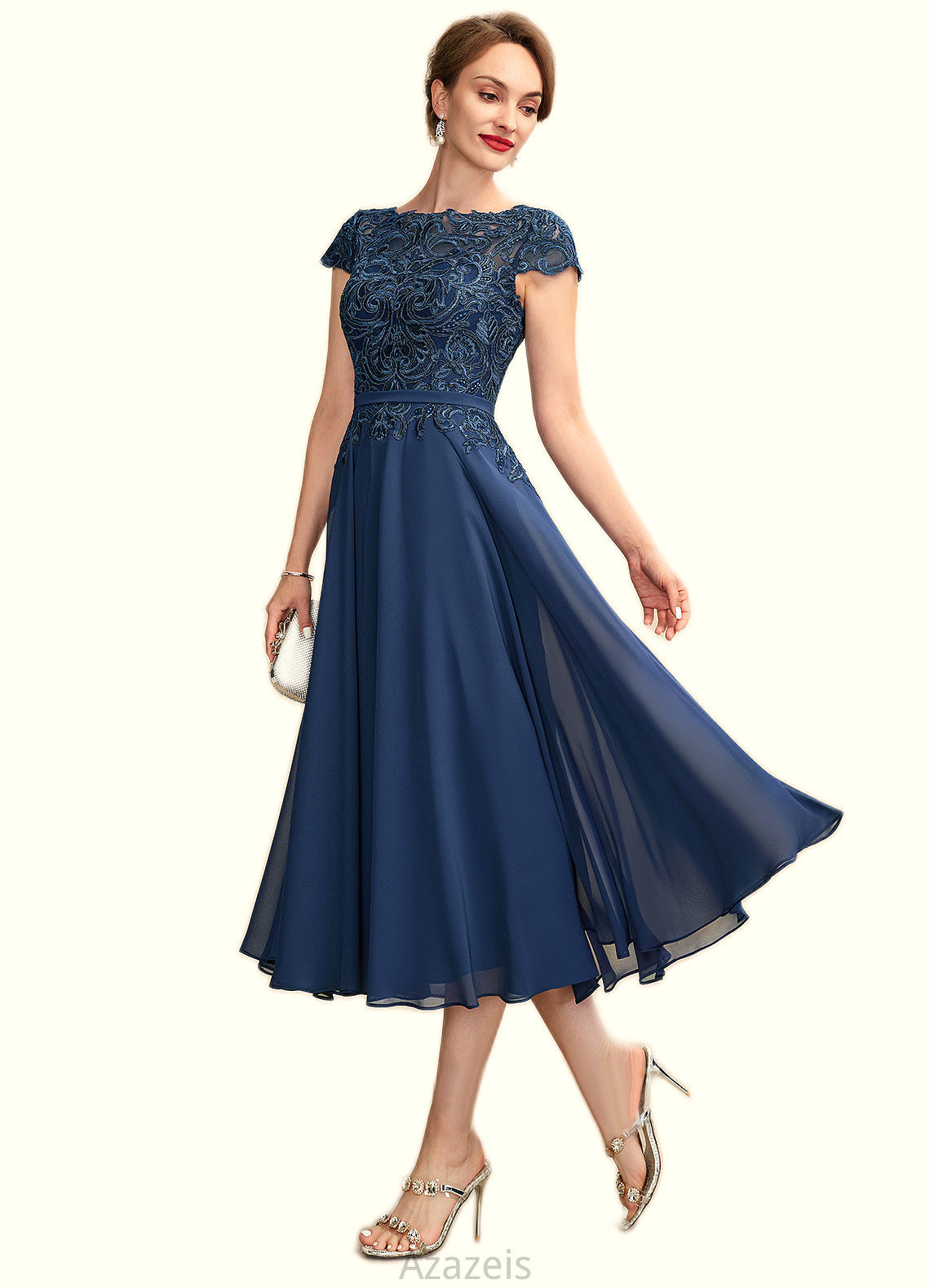 Willa A-Line Scoop Neck Tea-Length Chiffon Lace Mother of the Bride Dress DF126P0015032