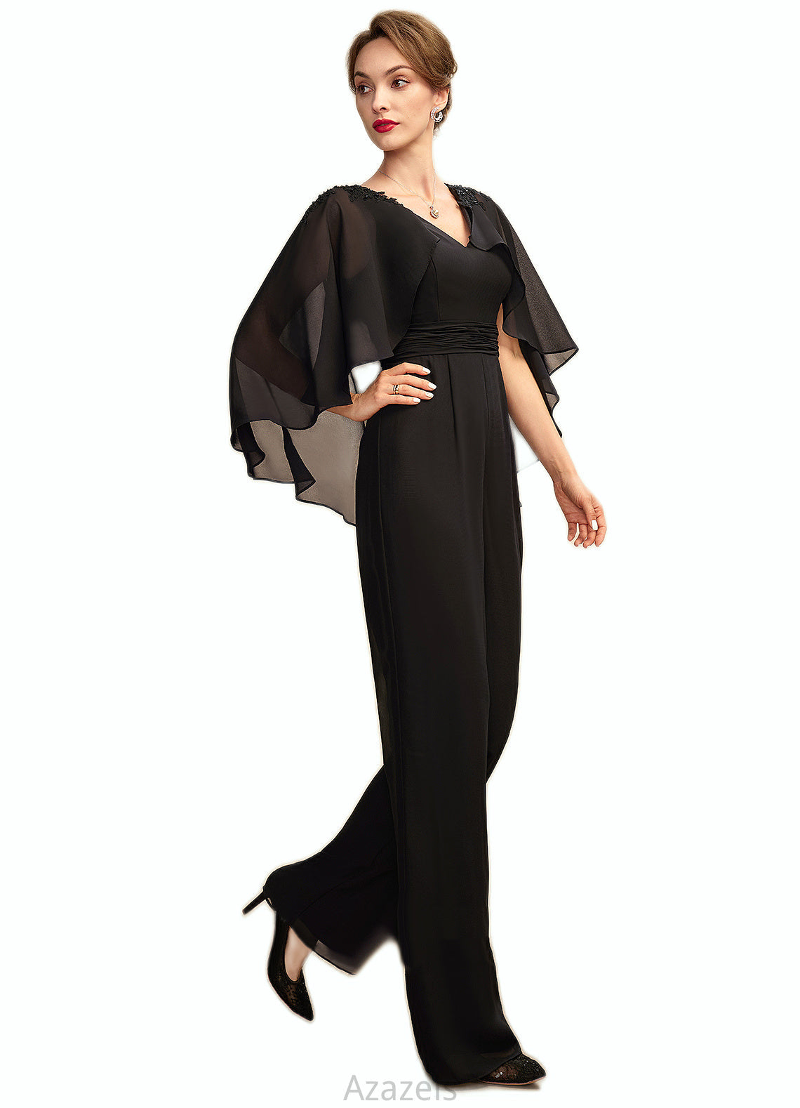Abby Jumpsuit/Pantsuit V-neck Floor-Length Chiffon Mother of the Bride Dress With Ruffle Beading Appliques Lace Sequins DF126P0015033