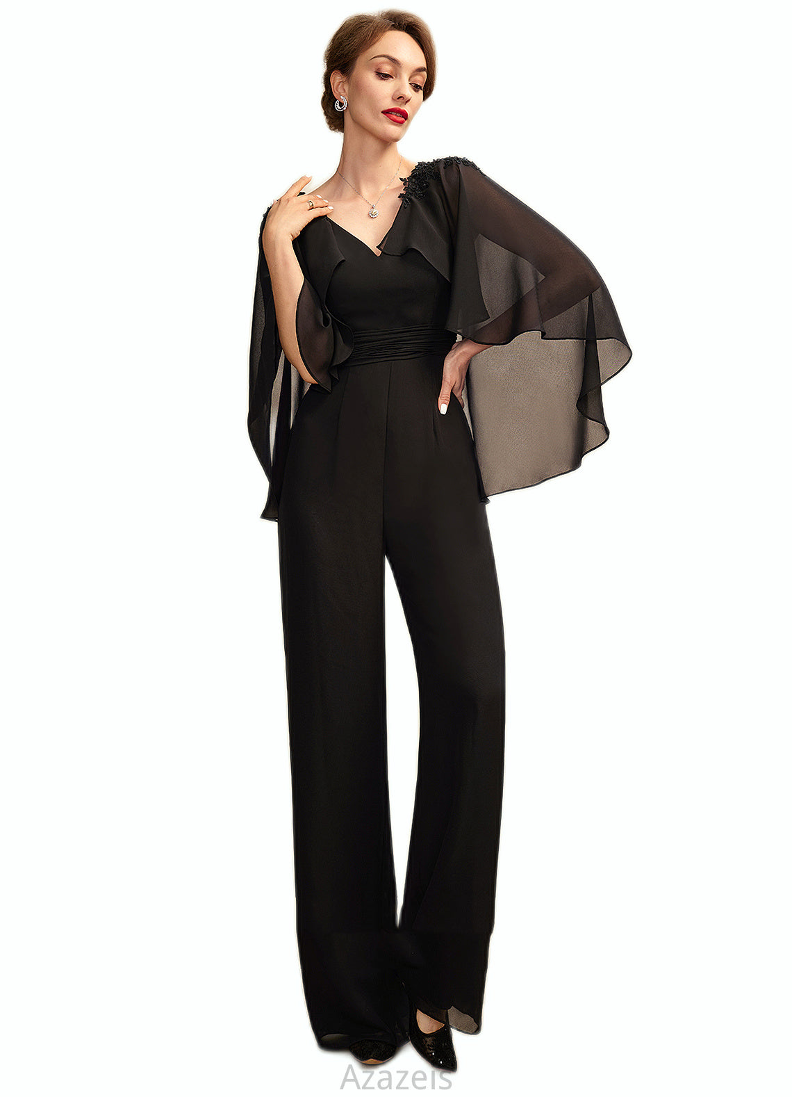Abby Jumpsuit/Pantsuit V-neck Floor-Length Chiffon Mother of the Bride Dress With Ruffle Beading Appliques Lace Sequins DF126P0015033