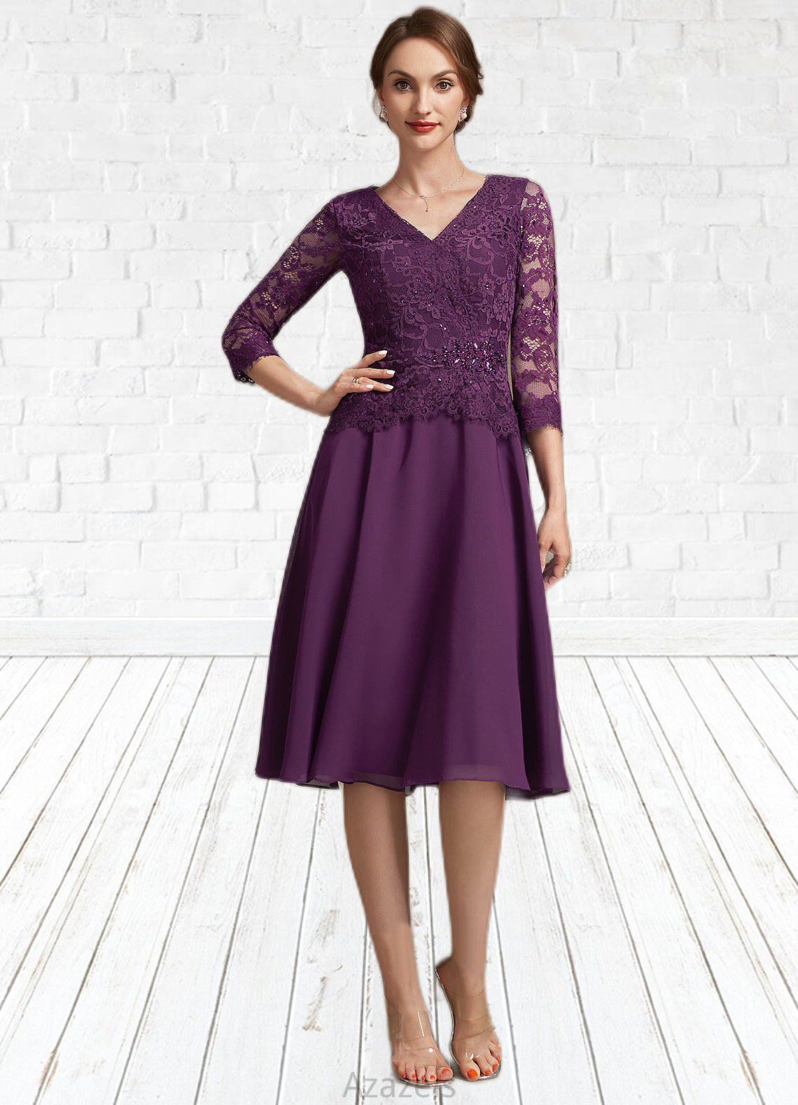 Kyleigh A-Line V-neck Knee-Length Chiffon Lace Mother of the Bride Dress With Beading Sequins DF126P0015035