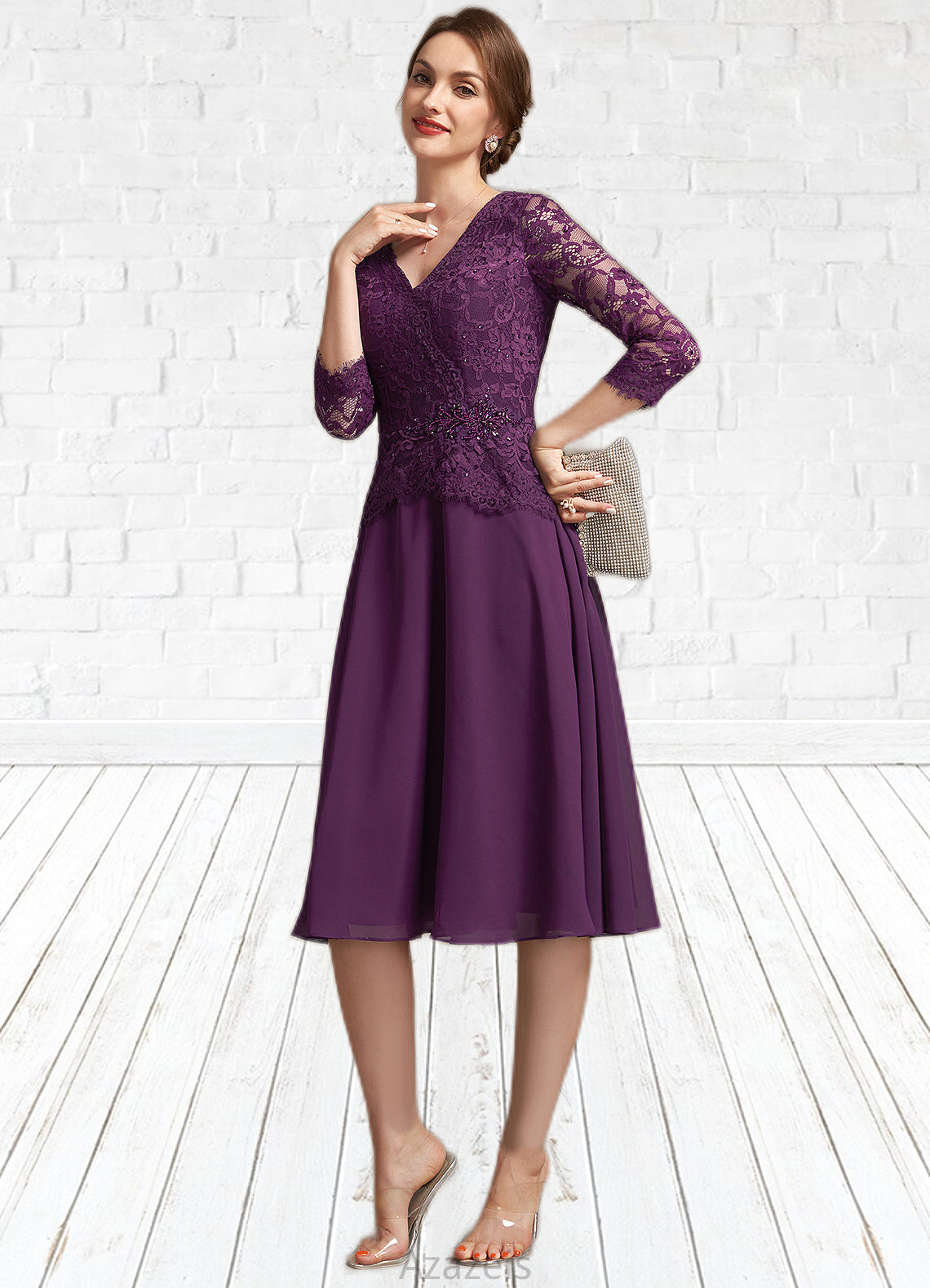 Kyleigh A-Line V-neck Knee-Length Chiffon Lace Mother of the Bride Dress With Beading Sequins DF126P0015035