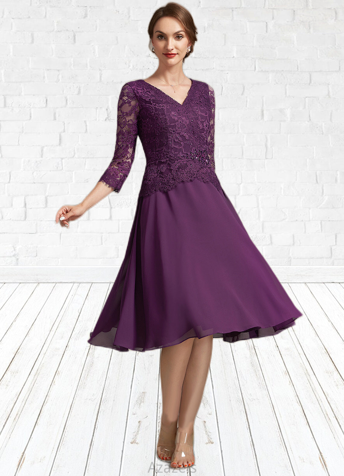 Kyleigh A-Line V-neck Knee-Length Chiffon Lace Mother of the Bride Dress With Beading Sequins DF126P0015035