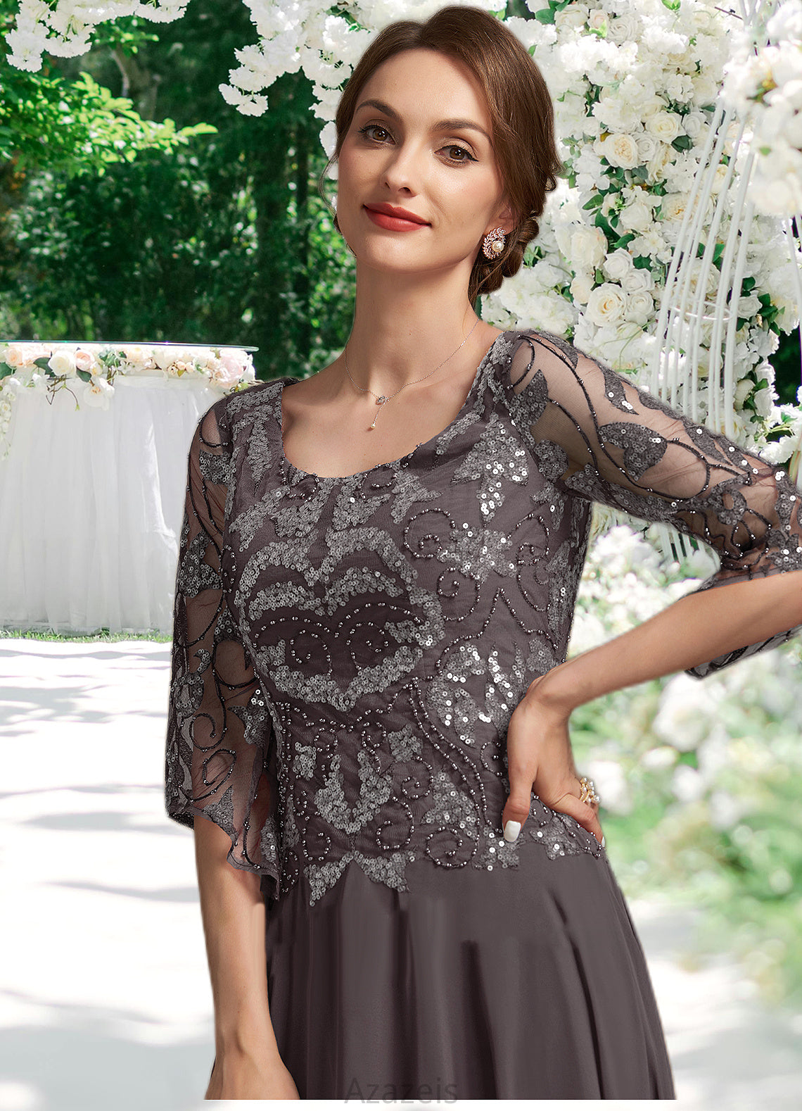 Krista A-Line Scoop Neck Floor-Length Chiffon Lace Mother of the Bride Dress With Beading Sequins DF126P0015036