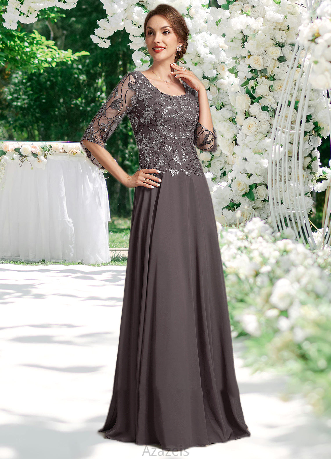 Krista A-Line Scoop Neck Floor-Length Chiffon Lace Mother of the Bride Dress With Beading Sequins DF126P0015036