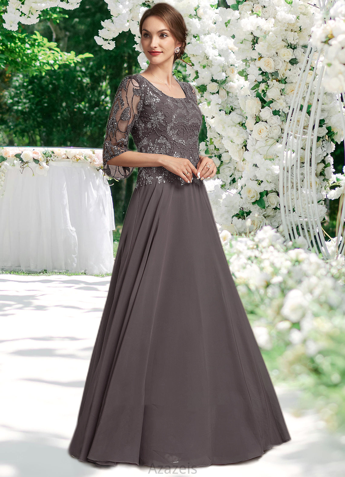 Krista A-Line Scoop Neck Floor-Length Chiffon Lace Mother of the Bride Dress With Beading Sequins DF126P0015036