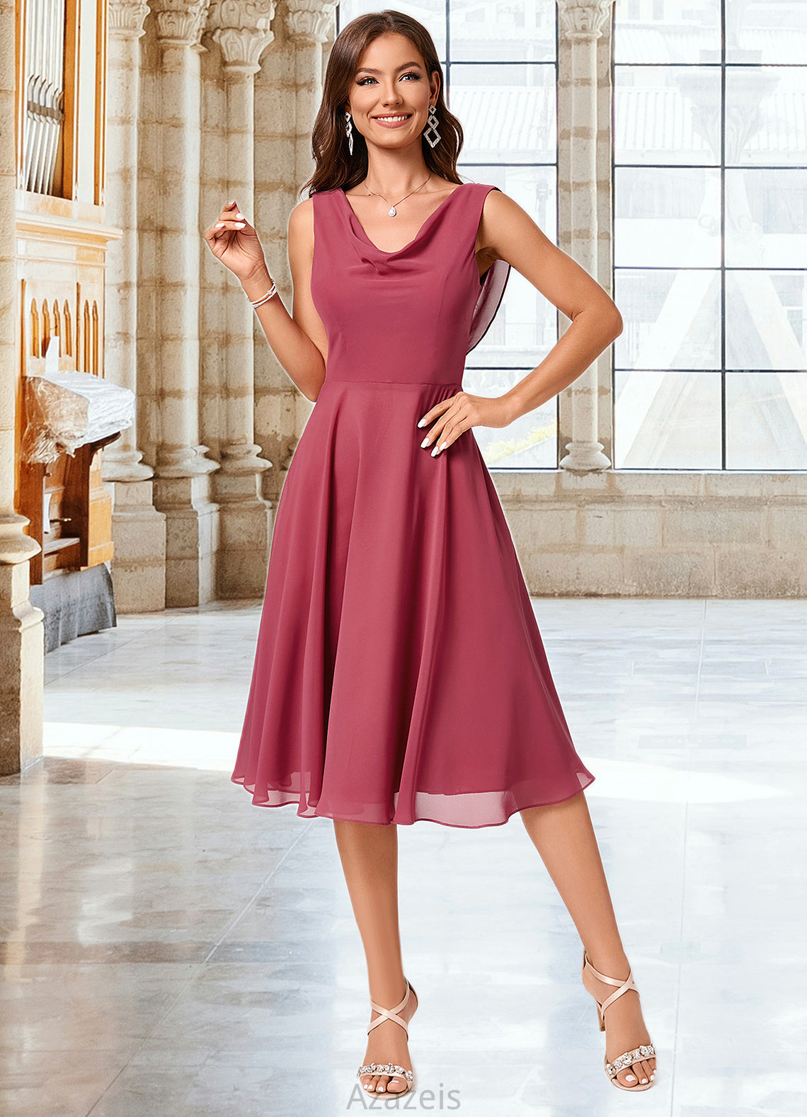 Lyla A-line Cowl Knee-Length Chiffon Cocktail Dress With Ruffle DFP0022232