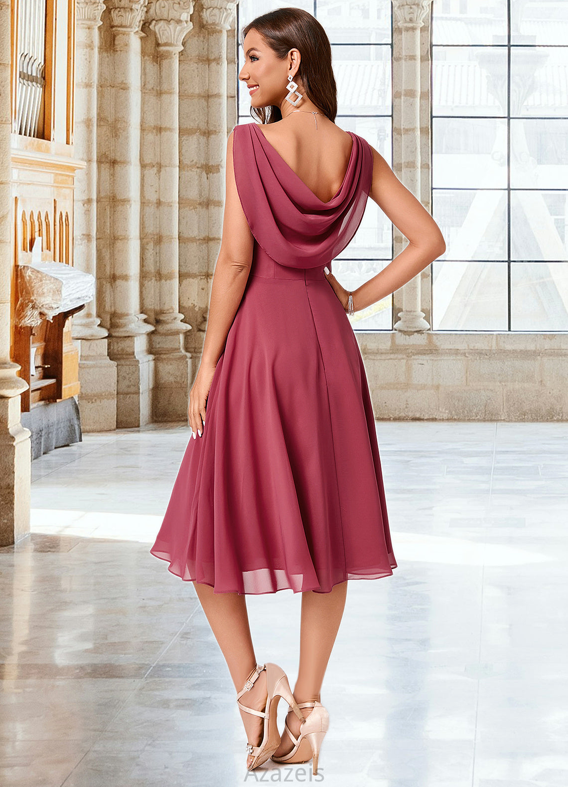 Lyla A-line Cowl Knee-Length Chiffon Cocktail Dress With Ruffle DFP0022232