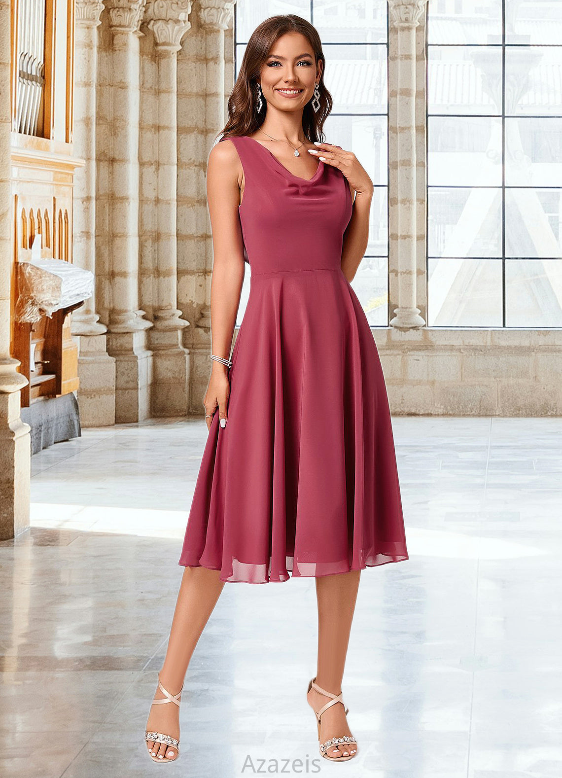 Lyla A-line Cowl Knee-Length Chiffon Cocktail Dress With Ruffle DFP0022232