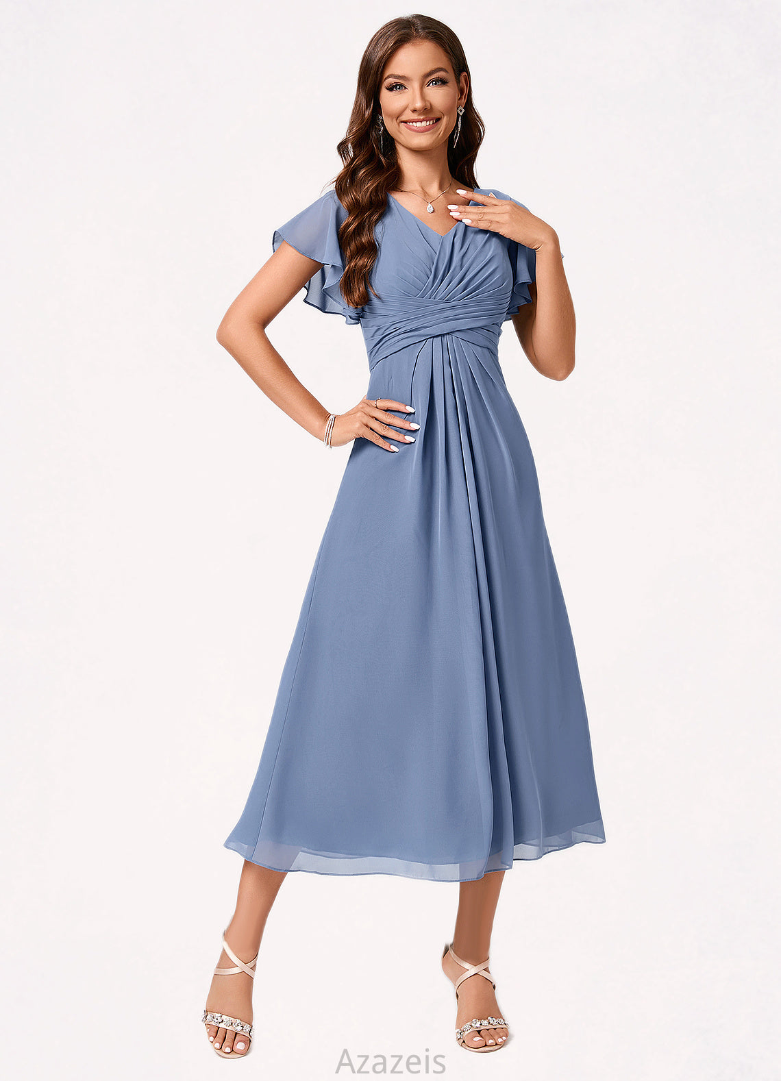 Barbara A-line V-Neck Tea-Length Chiffon Cocktail Dress With Ruffle DFP0022233