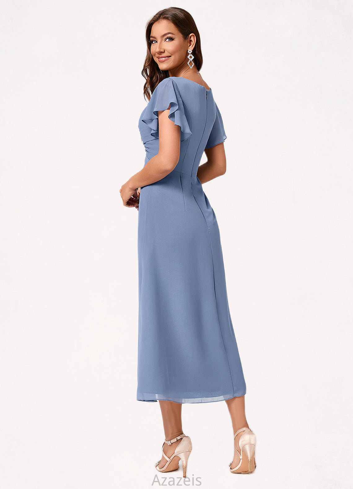 Barbara A-line V-Neck Tea-Length Chiffon Cocktail Dress With Ruffle DFP0022233