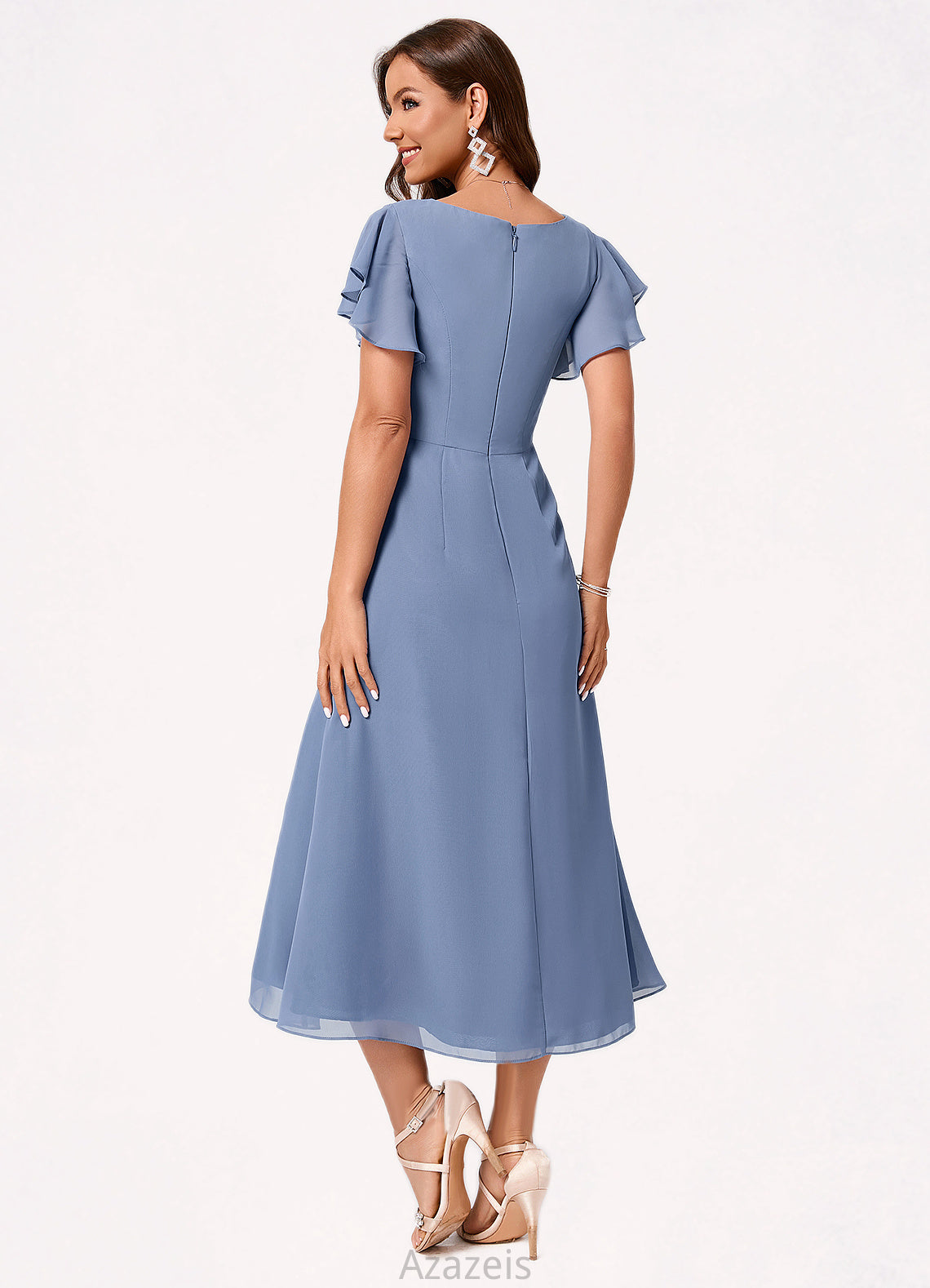 Barbara A-line V-Neck Tea-Length Chiffon Cocktail Dress With Ruffle DFP0022233