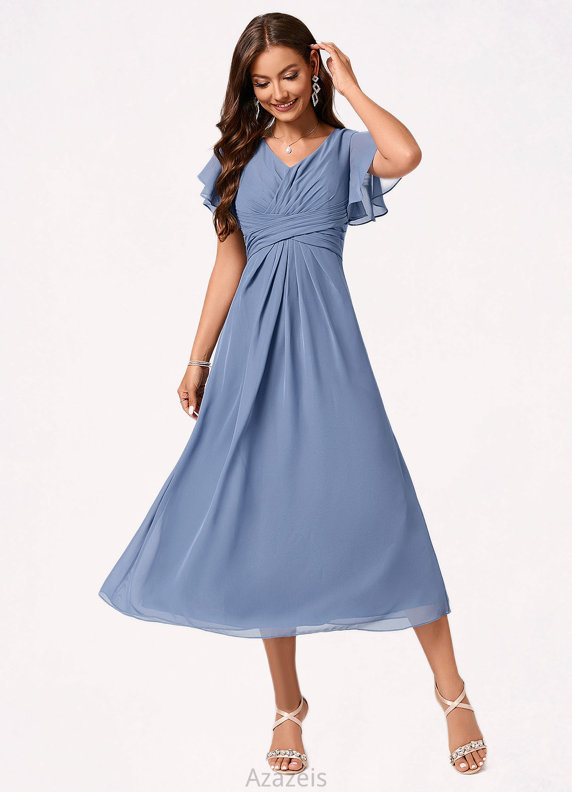 Barbara A-line V-Neck Tea-Length Chiffon Cocktail Dress With Ruffle DFP0022233