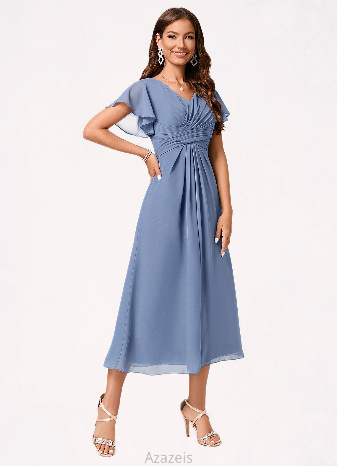 Barbara A-line V-Neck Tea-Length Chiffon Cocktail Dress With Ruffle DFP0022233