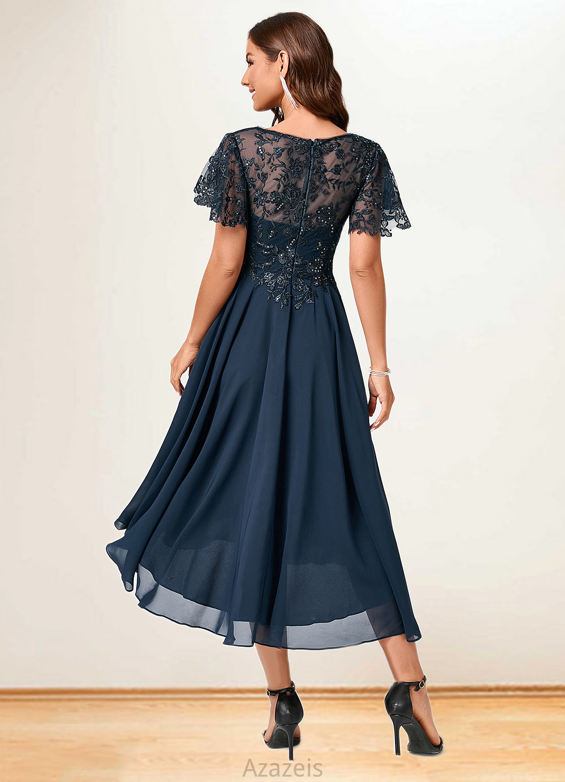 Ariella A-line Asymmetrical Asymmetrical Chiffon Lace Cocktail Dress With Ruffle Sequins DFP0022235