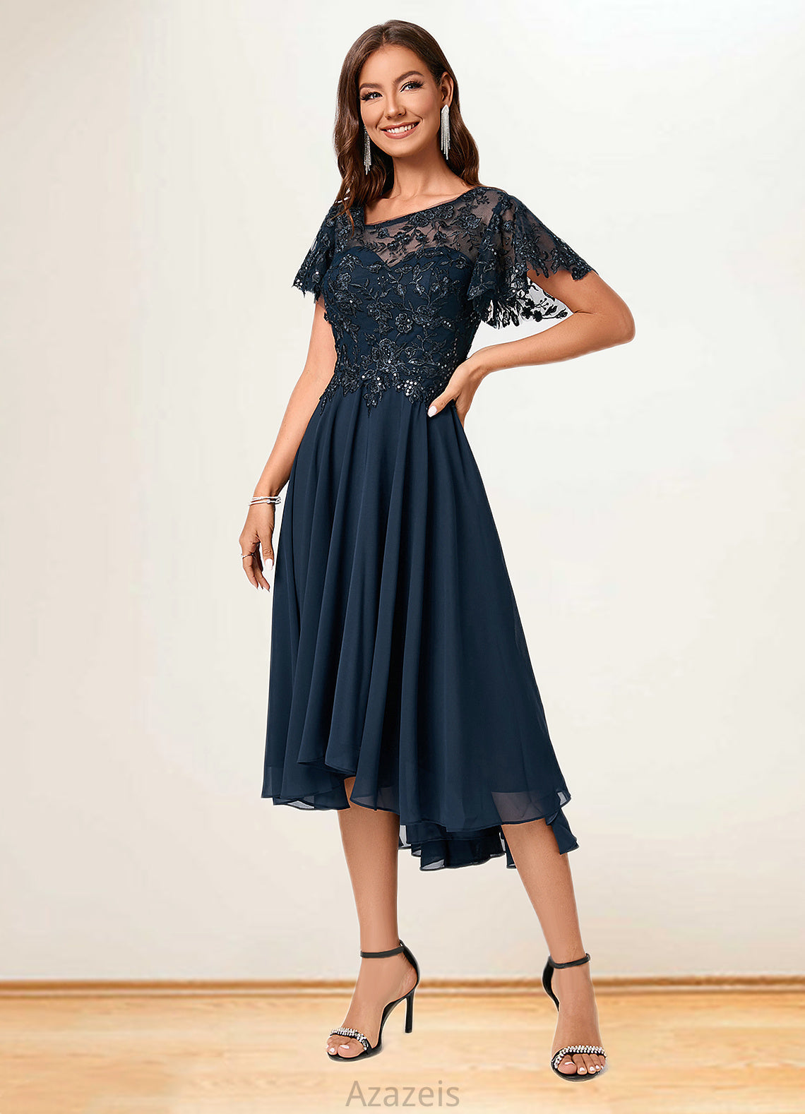 Ariella A-line Asymmetrical Asymmetrical Chiffon Lace Cocktail Dress With Ruffle Sequins DFP0022235
