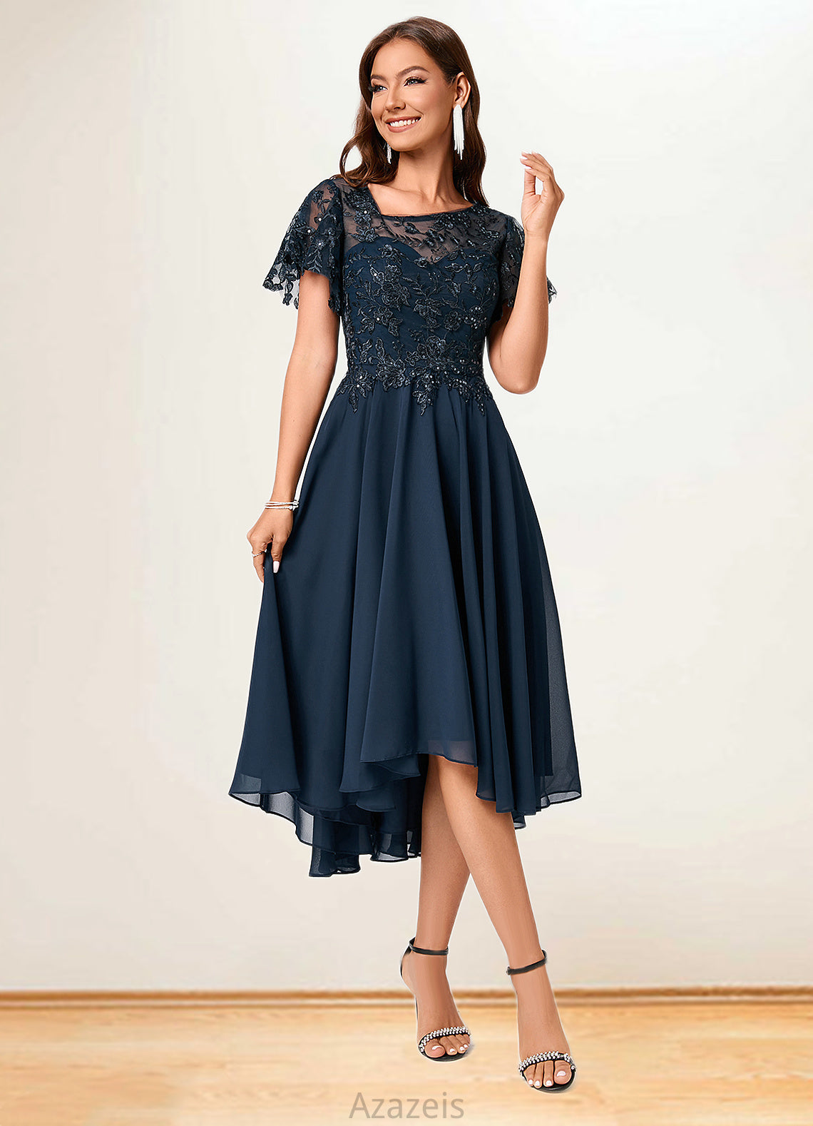 Ariella A-line Asymmetrical Asymmetrical Chiffon Lace Cocktail Dress With Ruffle Sequins DFP0022235