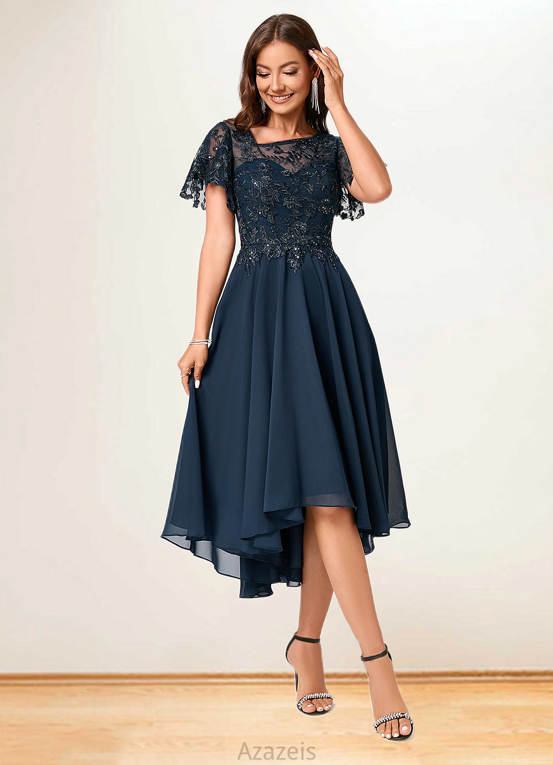 Ariella A-line Asymmetrical Asymmetrical Chiffon Lace Cocktail Dress With Ruffle Sequins DFP0022235