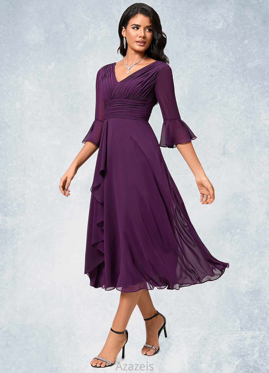 Paula A-line V-Neck Tea-Length Chiffon Cocktail Dress With Ruffle DFP0022236