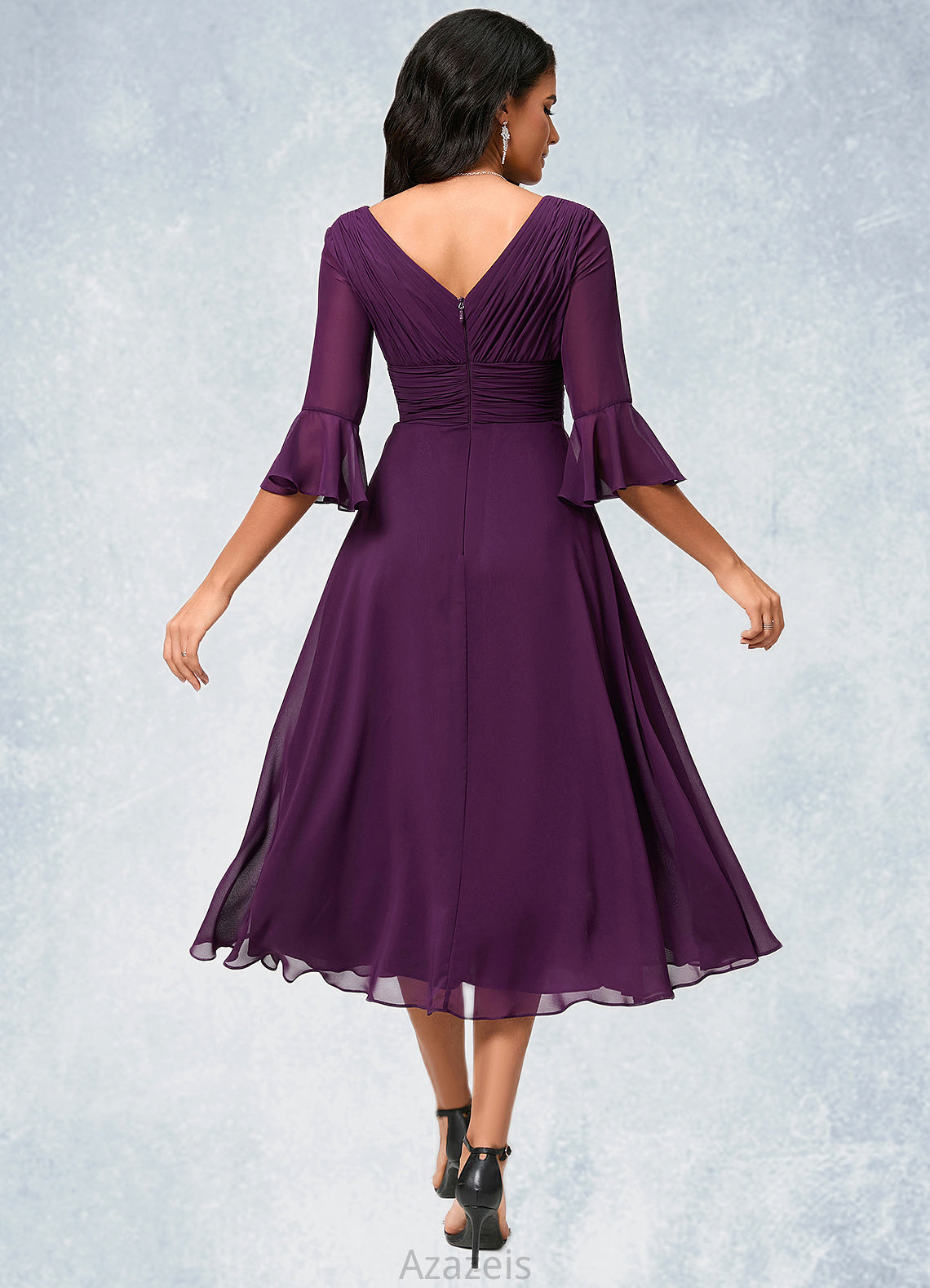 Paula A-line V-Neck Tea-Length Chiffon Cocktail Dress With Ruffle DFP0022236