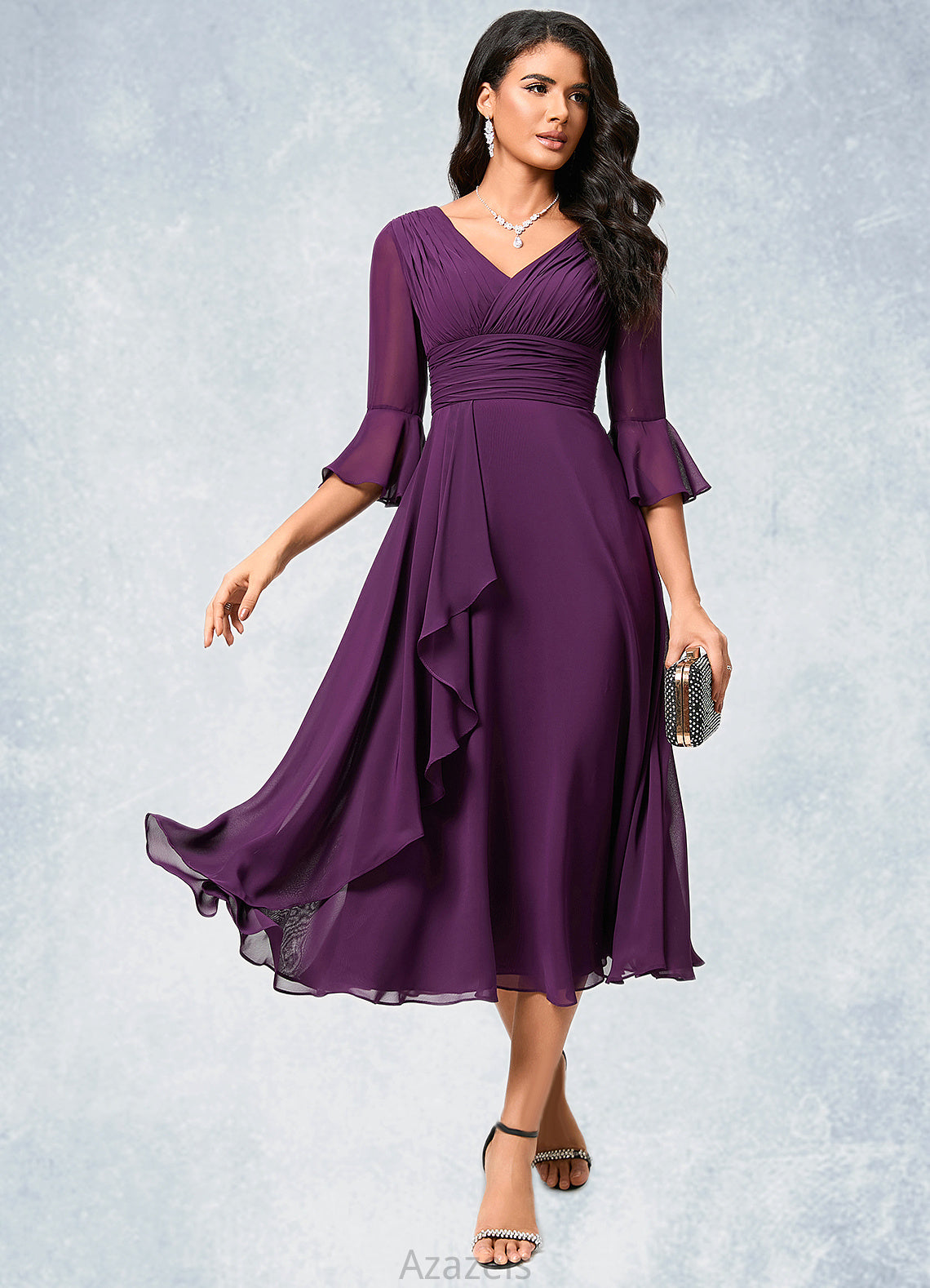 Paula A-line V-Neck Tea-Length Chiffon Cocktail Dress With Ruffle DFP0022236