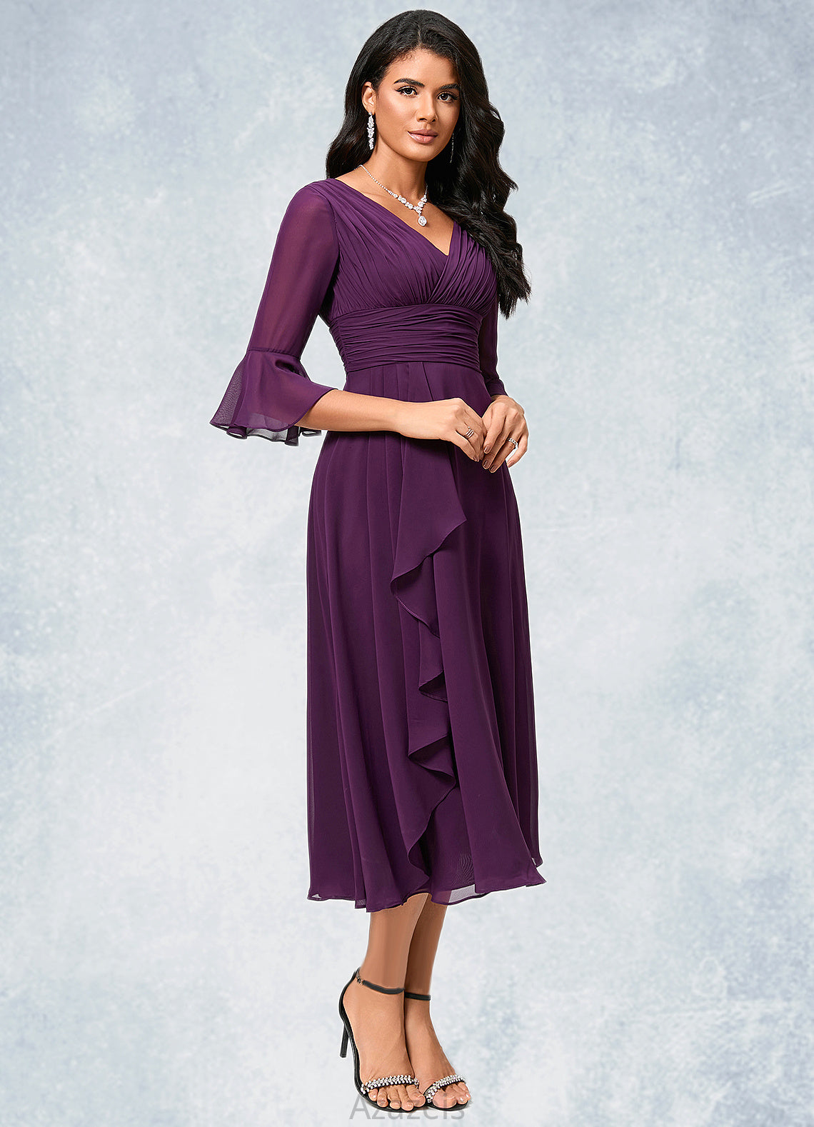 Paula A-line V-Neck Tea-Length Chiffon Cocktail Dress With Ruffle DFP0022236
