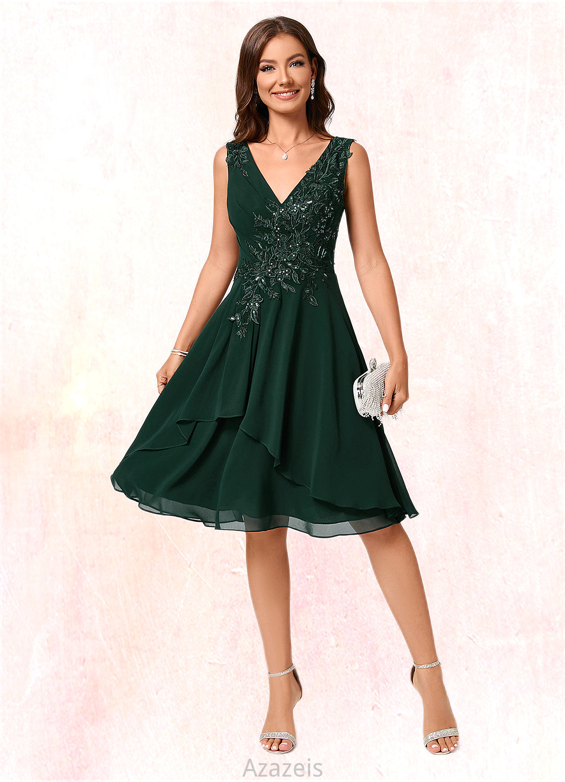 Leah A-line V-Neck Knee-Length Chiffon Lace Cocktail Dress With Appliques Lace Sequins DFP0022237