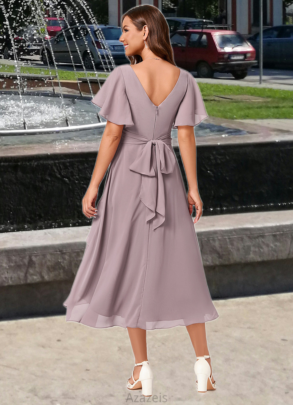Lia A-line V-Neck Asymmetrical Chiffon Cocktail Dress With Cascading Ruffles Ruffle DFP0022238