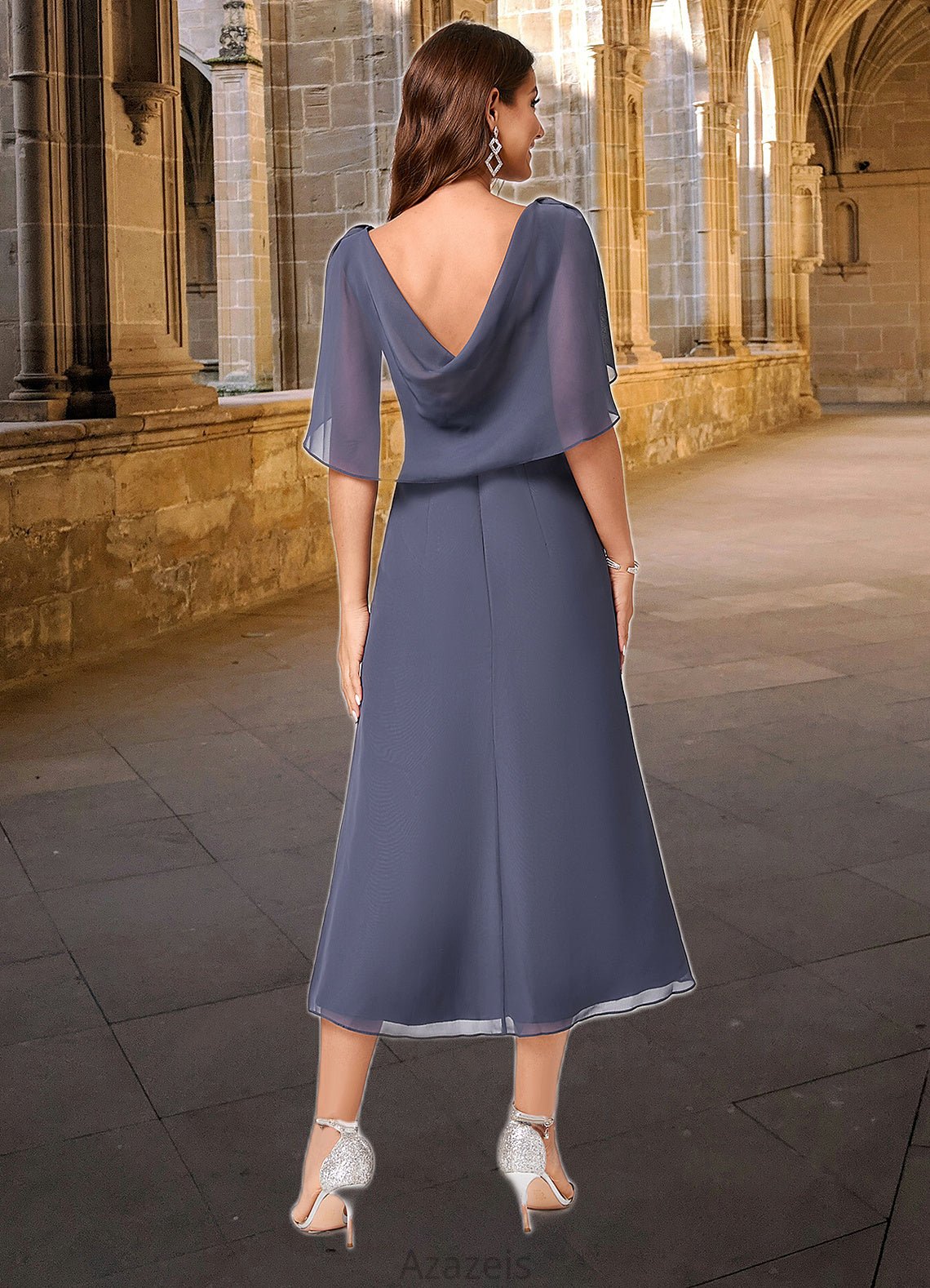 Kitty A-line V-Neck Tea-Length Chiffon Cocktail Dress With Ruffle DFP0022241