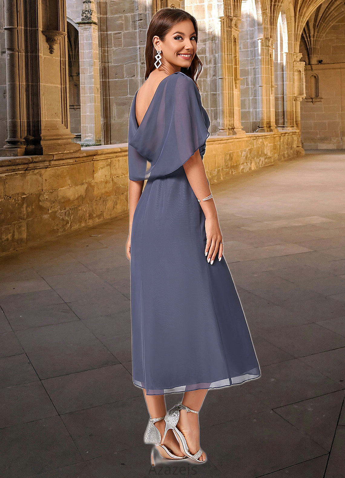 Kitty A-line V-Neck Tea-Length Chiffon Cocktail Dress With Ruffle DFP0022241